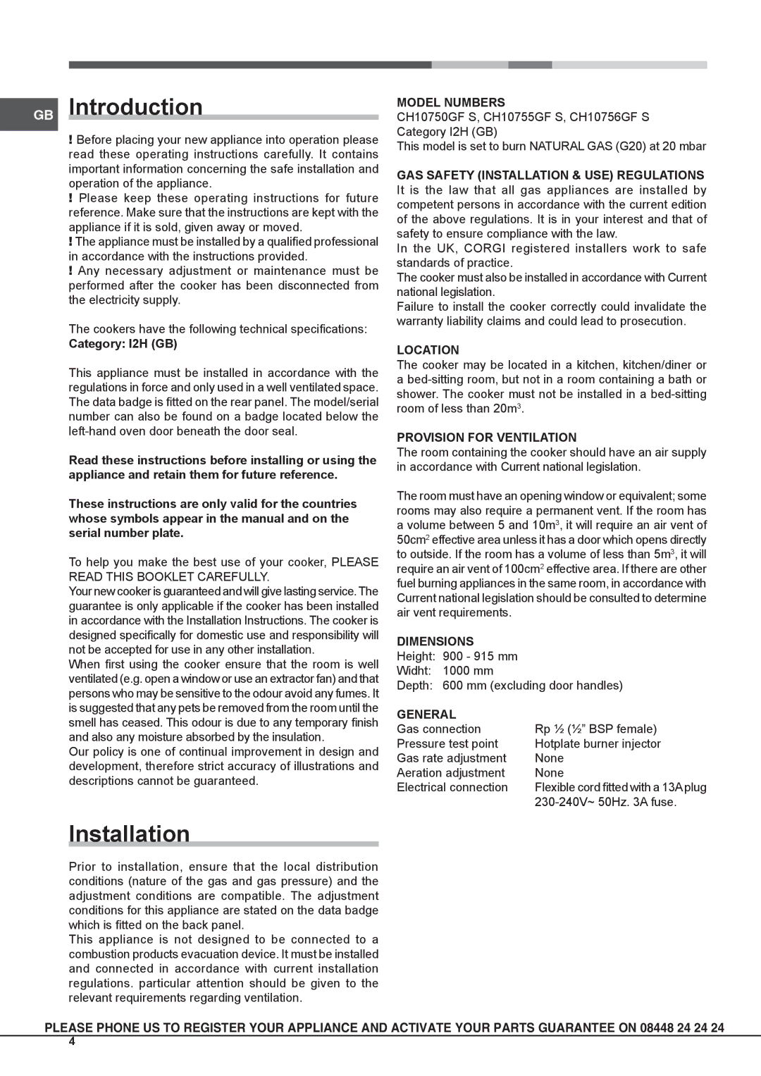 Hotpoint CH 10755 GF S, CH 10756 GF S, CH 10750 GF S operating instructions GB Introduction, Installation 