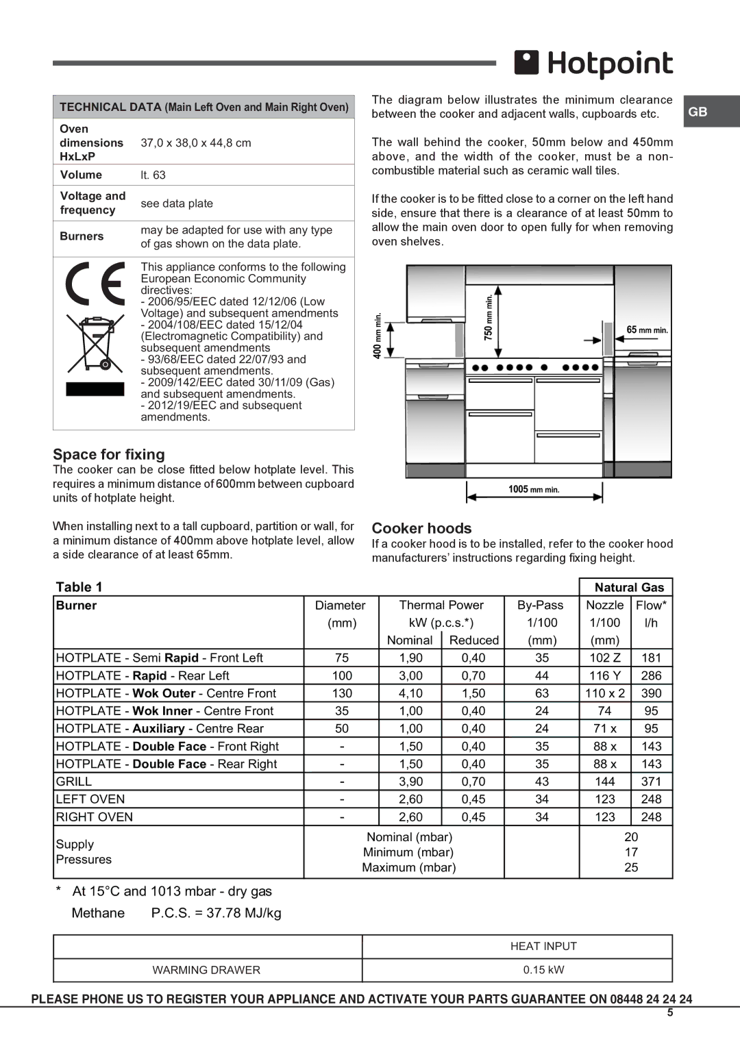 Hotpoint CH 10750 GF S, CH 10756 GF S, CH 10755 GF S Space for fixing, Cooker hoods, Natural Gas, Burner 