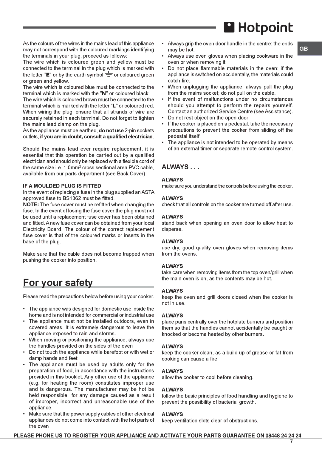 Hotpoint CH 10755 GF S, CH 10756 GF S, CH 10750 GF S For your safety, Always, If a Moulded Plug is Fitted 