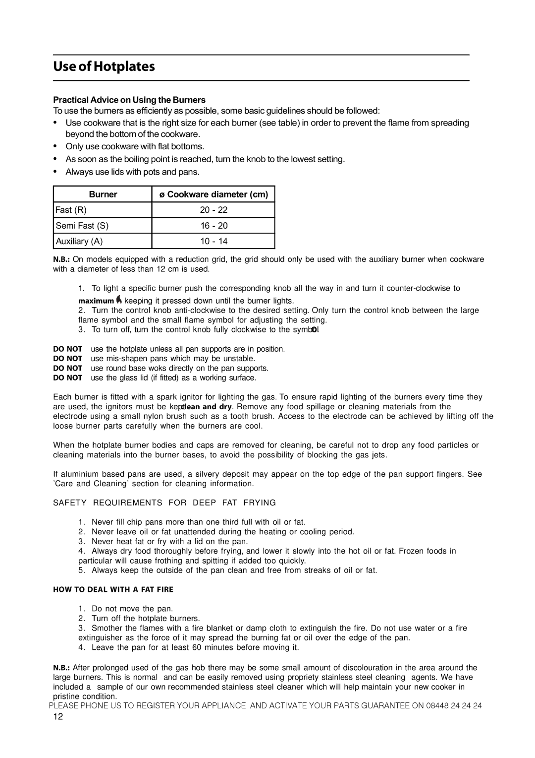 Hotpoint CH50GCIK manual Use of Hotplates, HOW to Deal with a FAT Fire 