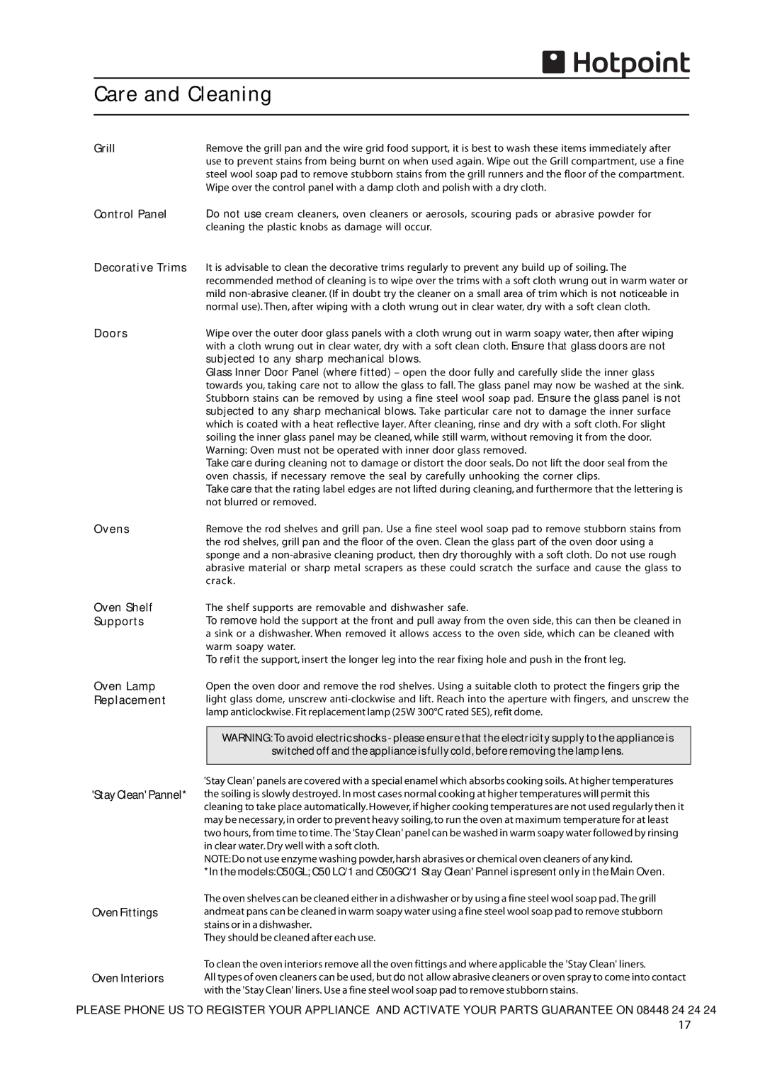 Hotpoint CH50GCIK manual Care and Cleaning 