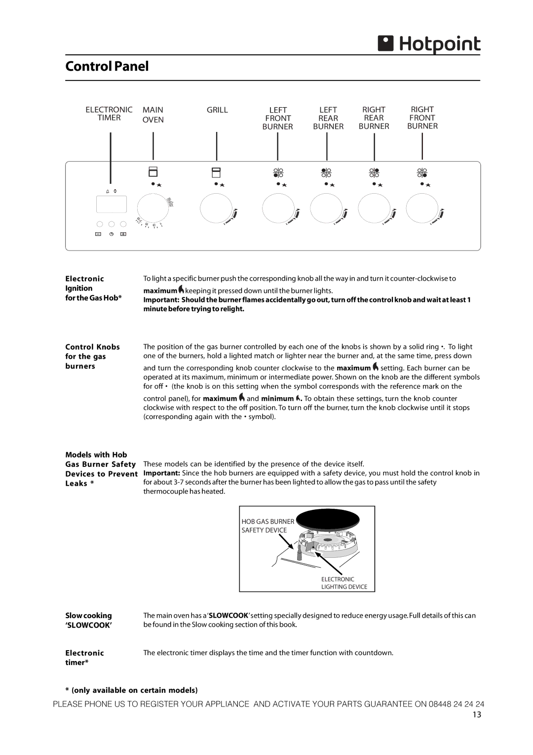 Hotpoint CH50GCIK Control Panel, Models with Hob Gas Burner Safety Devices to Prevent Leaks, Slow cooking, Electronic 
