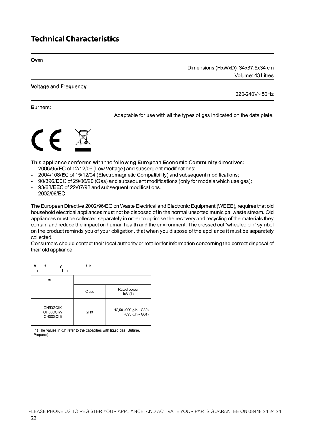 Hotpoint GH50GCIS, CH50GCIW, CH50GCIK, 50cm Free Standing Gas Cooker manual Technical Characteristics 