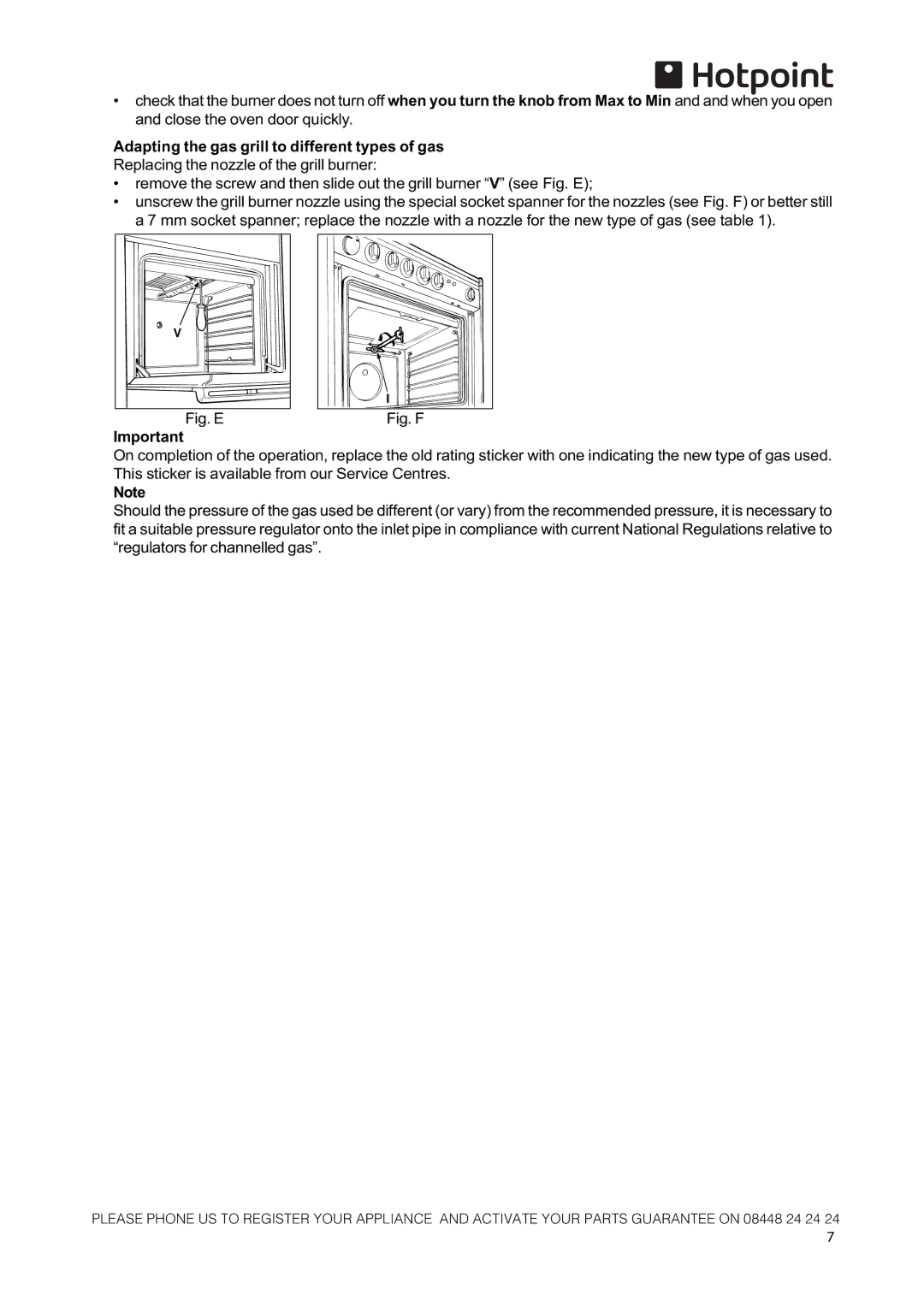 Hotpoint 50cm Free Standing Gas Cooker, CH50GCIW, CH50GCIK, GH50GCIS manual Fig. E 