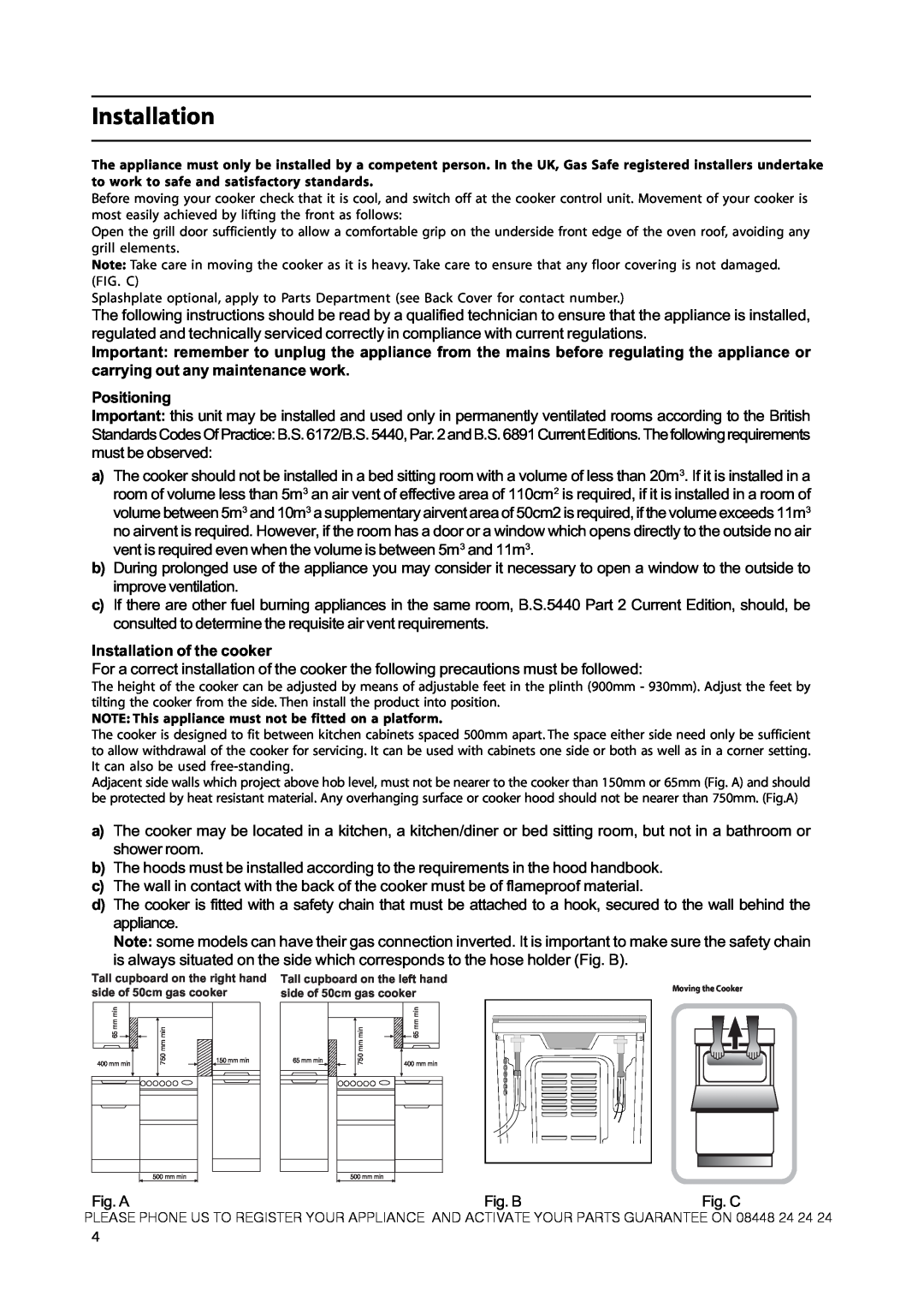 Hotpoint CH50GCIW, CH50GCIK, GH50GCIS, 50cm Free Standing Gas Cooker manual Installation 