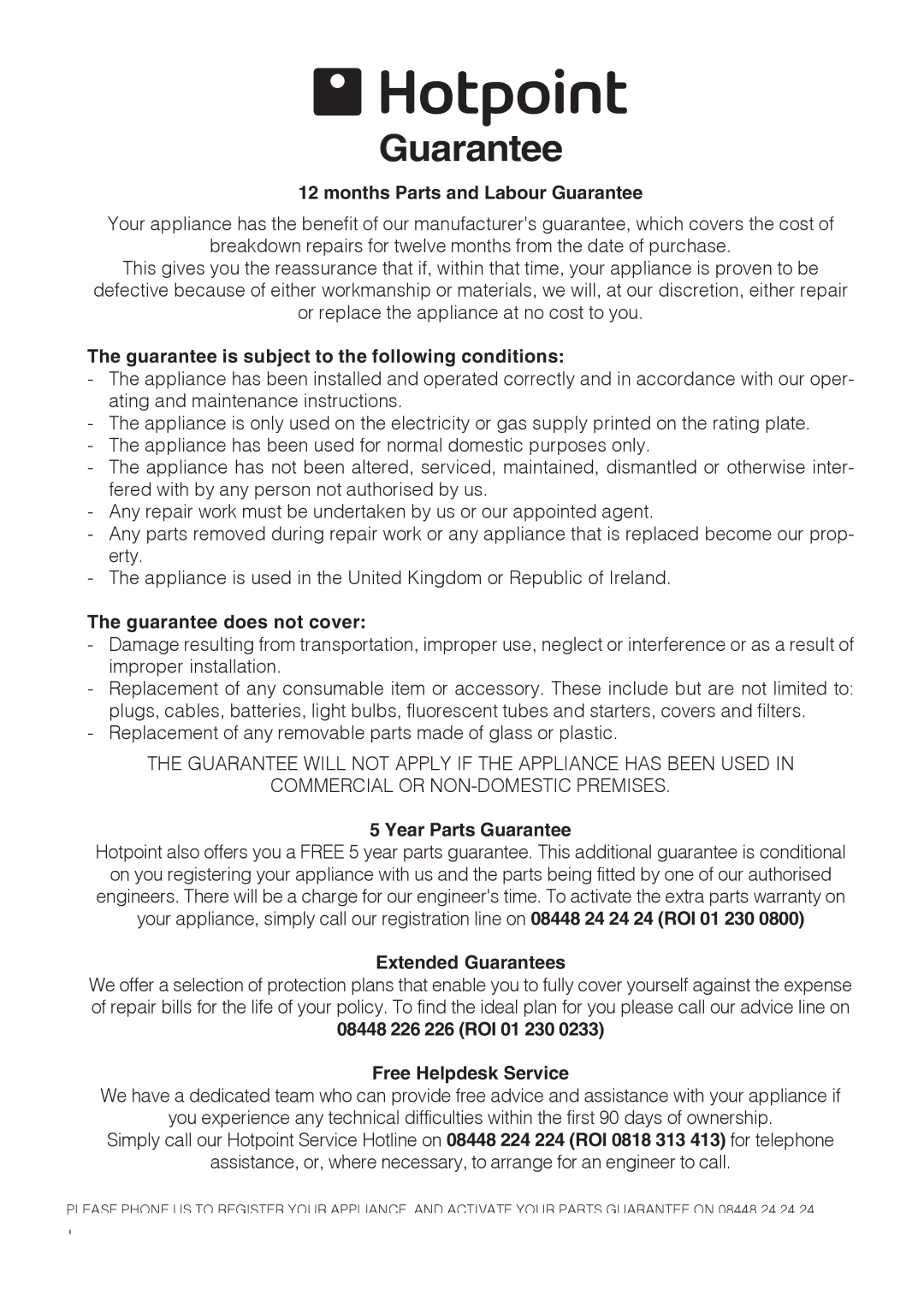 Hotpoint CH60EKWS, CH60 EKS, CH60EKKS installation instructions Guarantee 