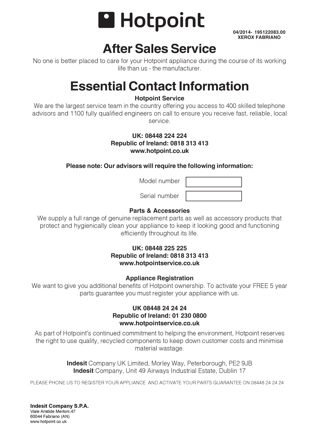 Hotpoint CH60 EKS, CH60EKKS, CH60EKWS installation instructions After Sales Service 