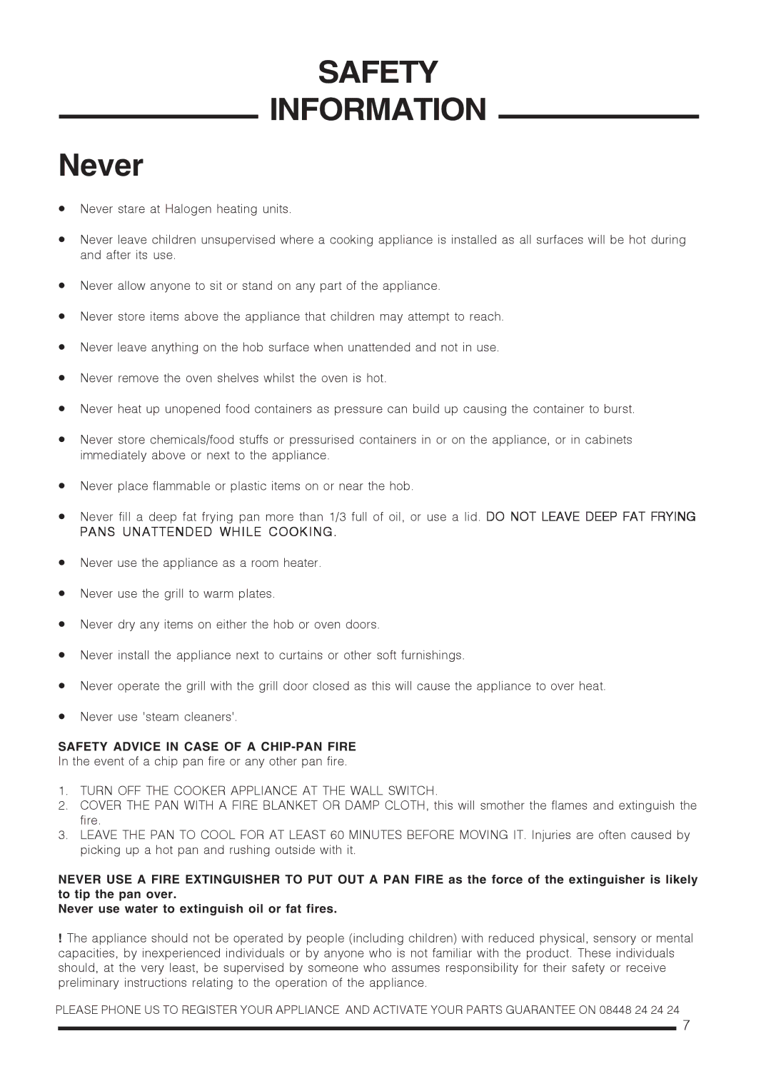 Hotpoint CH60EKKS, CH60 EKS, CH60EKWS Pans Unattended While Cooking, Safety Advice in Case of a CHIP-PAN Fire 