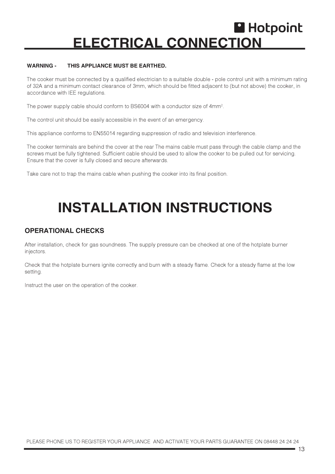 Hotpoint CH60DTCF S, CH60DPCF S, CH60DPXF S, CH60DTXFS installation instructions Electrical Connection, Operational Checks 