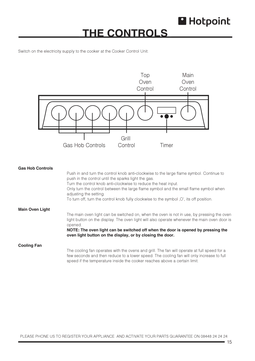 Hotpoint CH60DTXFS, CH60DPCF S, CH60DTCF S, CH60DPXF S Gas Hob Controls, Main Oven Light, Cooling Fan 