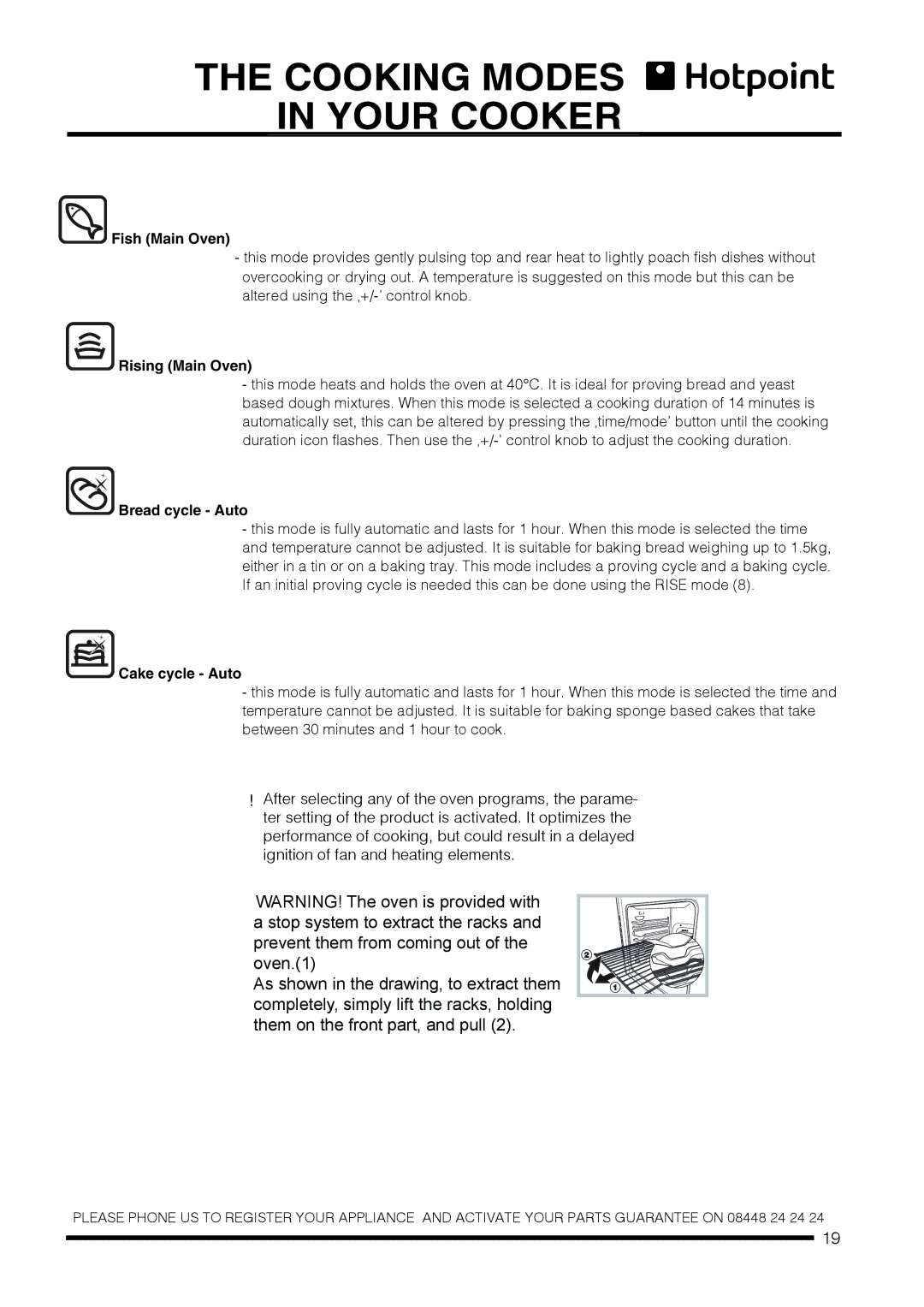 Hotpoint CH60DTXFS Cooking Modes in Your Cooker, Fish Main Oven, Rising Main Oven, Bread cycle Auto, Cake cycle Auto 