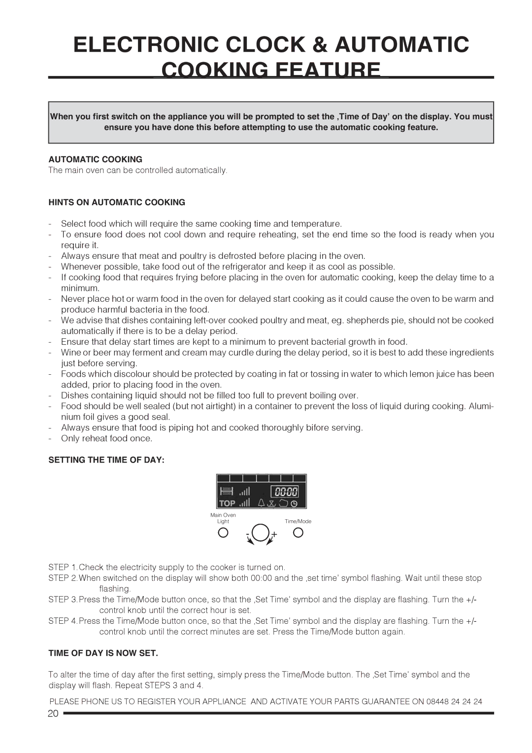 Hotpoint CH60DPCF S Electronic Clock & Automatic Cooking Feature, Hints on Automatic Cooking, Setting the Time of DAY 