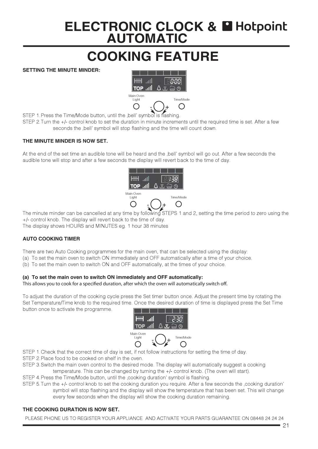 Hotpoint CH60DTCF S Setting the Minute Minder, Minute Minder is NOW SET, Auto Cooking Timer, Cooking Duration is NOW SET 