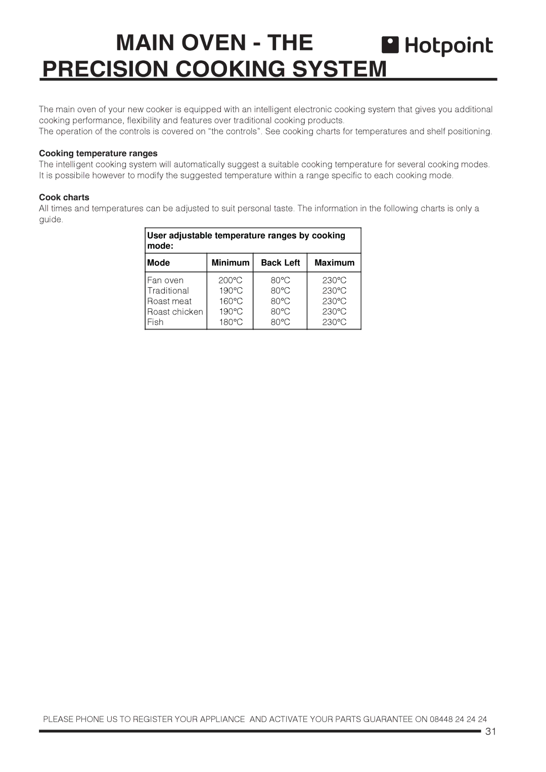 Hotpoint CH60DTXFS, CH60DPCF S, CH60DTCF S Main Oven the Precision Cooking System, Cooking temperature ranges, Cook charts 