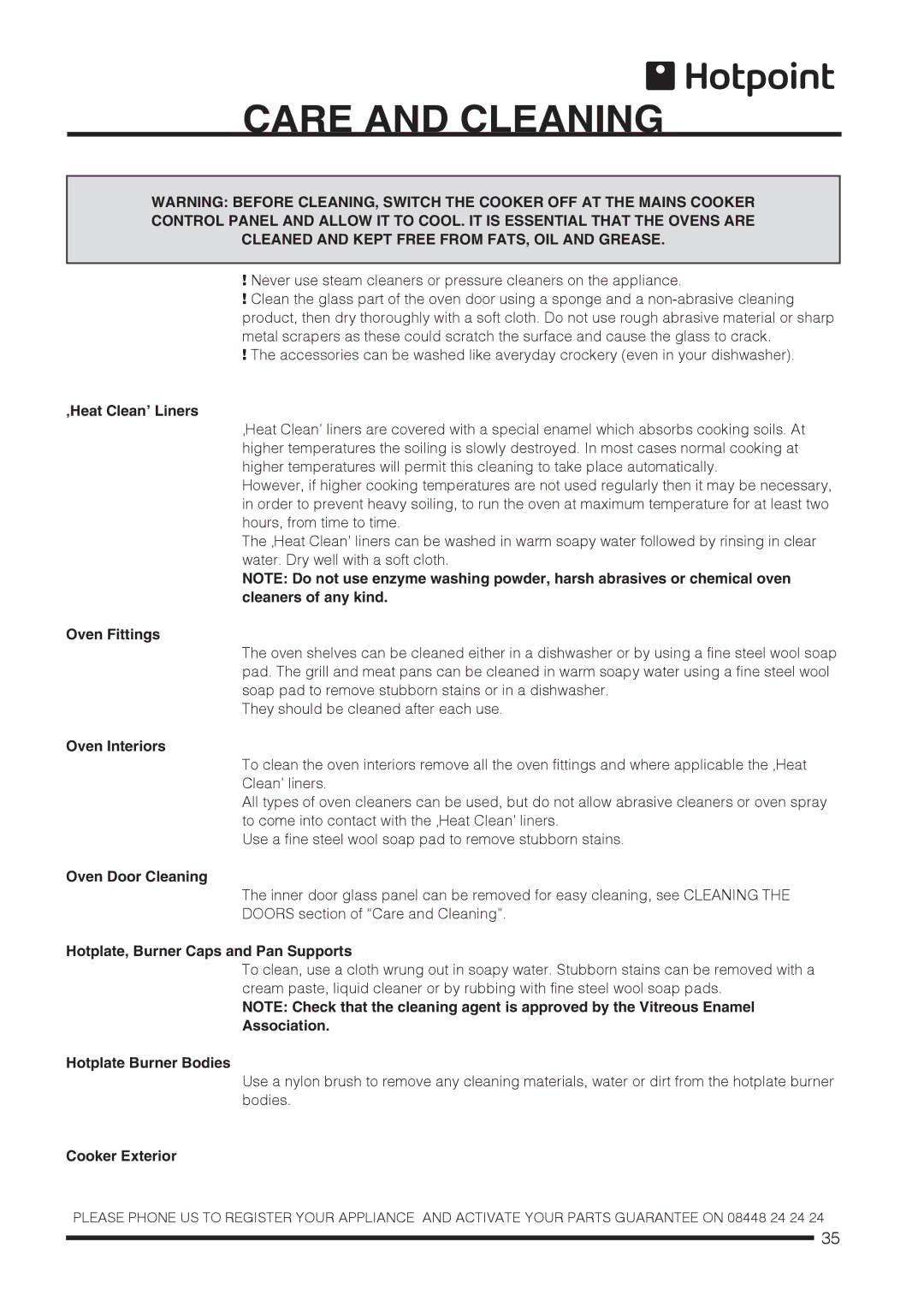 Hotpoint CH60DTXFS, CH60DPCF S, CH60DTCF S, CH60DPXF S installation instructions Care and Cleaning 