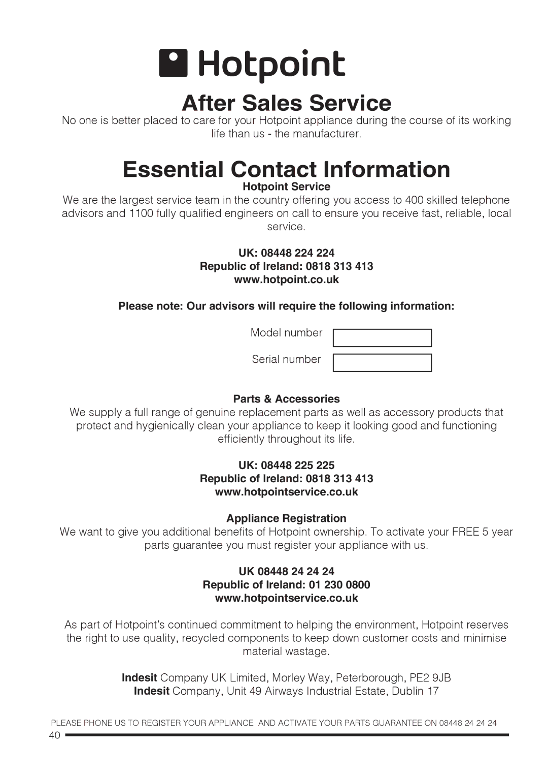 Hotpoint CH60DPCF S, CH60DTCF S, CH60DTXFS Hotpoint Service, Parts & Accessories, UK 08448 24 24 Republic of Ireland 01 230 