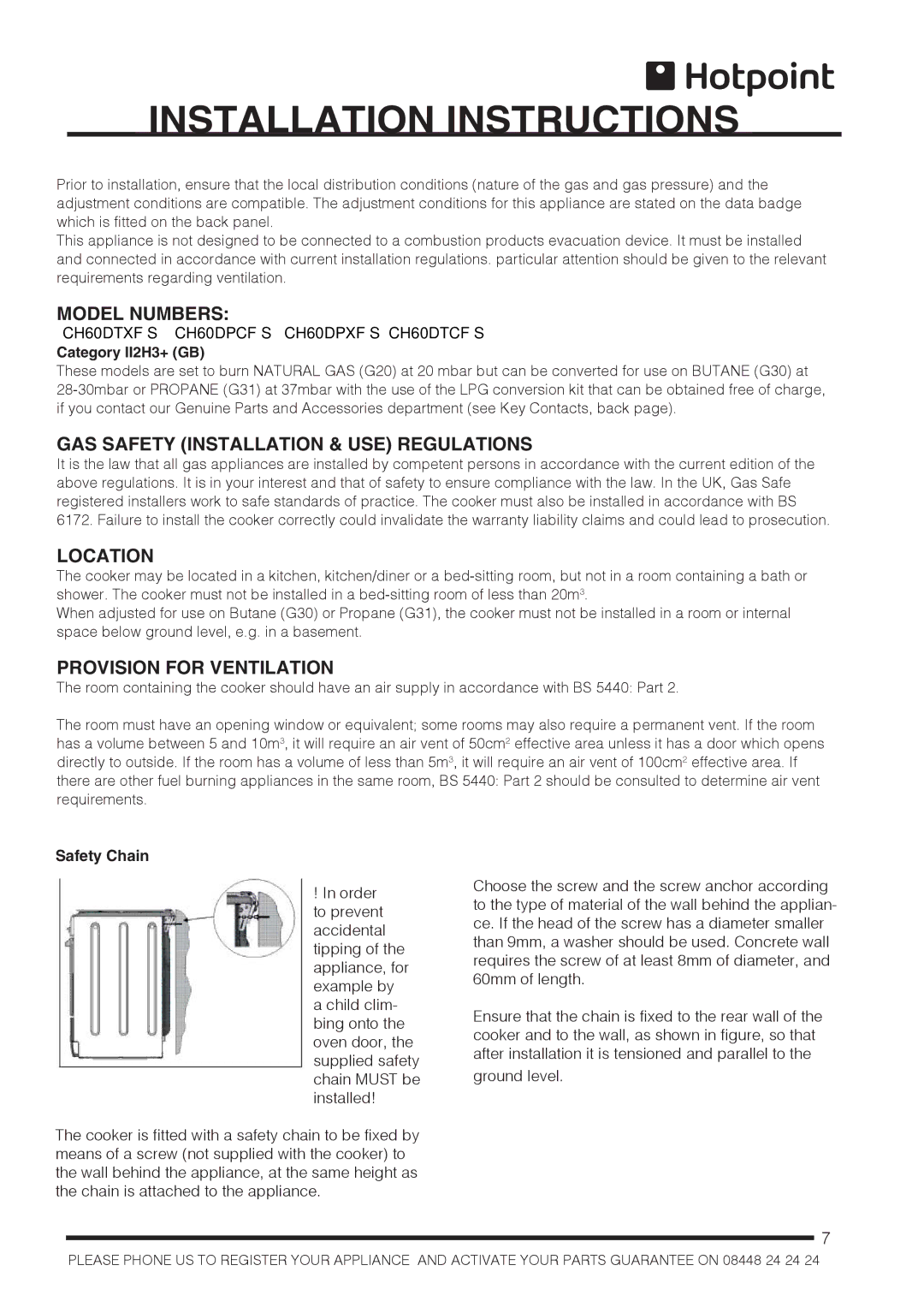 Hotpoint CH60DTXFS Installation Instructions, Model Numbers, GAS Safety Installation & USE Regulations, Location 