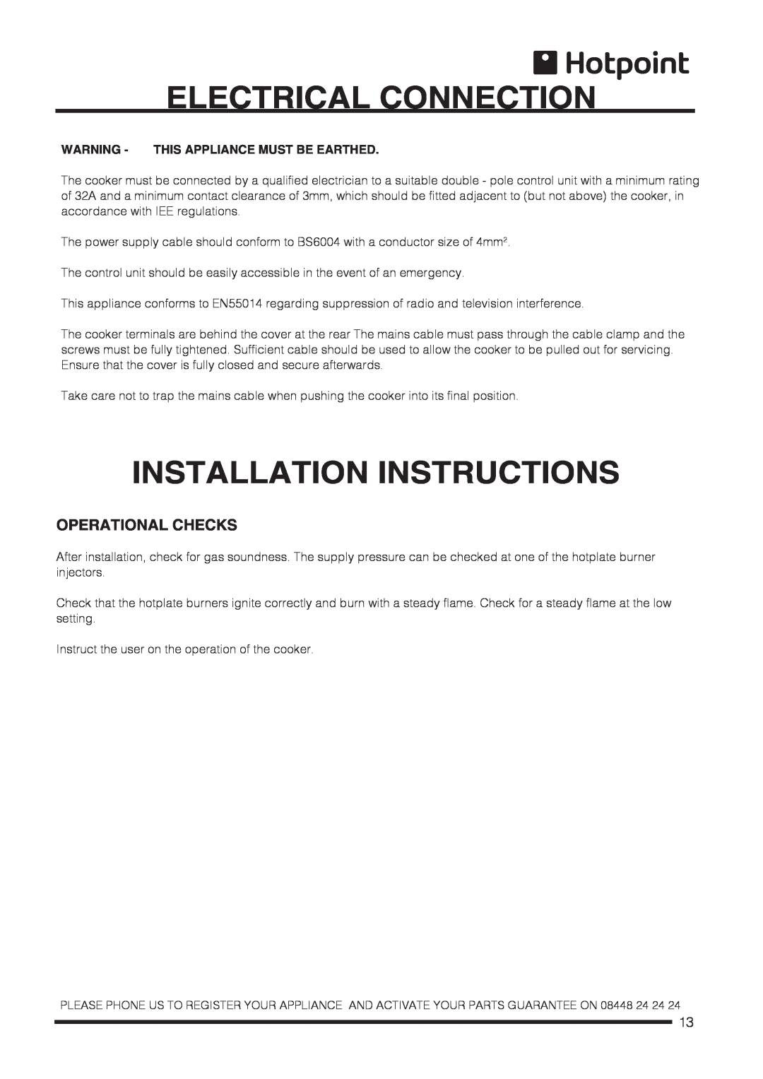 Hotpoint CH60DTCF S, CH60DPCF S, CH60DPXF S, CH60DTXFS Electrical Connection, Installation Instructions, Operational Checks 