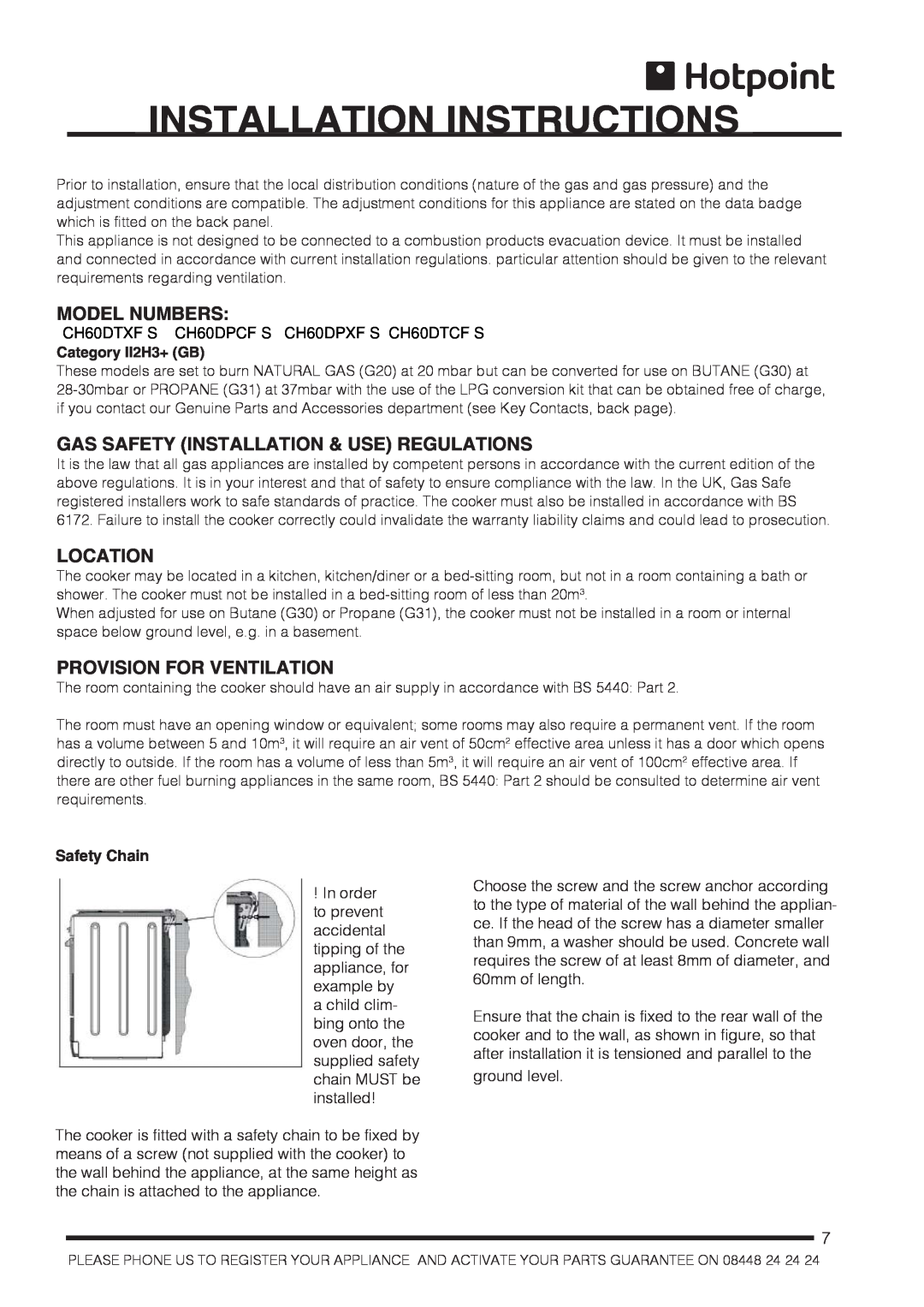 Hotpoint CH60DTXFS Installation Instructions, Model Numbers, Gas Safety Installation & Use Regulations, Location 