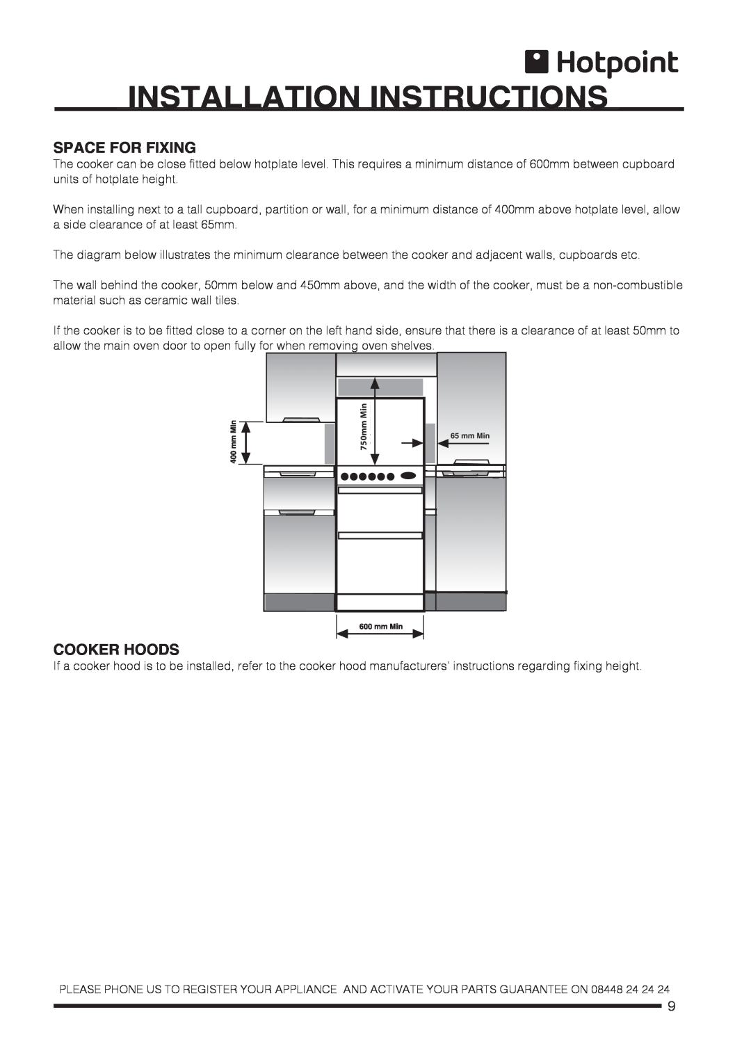 Hotpoint CH60DTCF S, CH60DPCF S, CH60DPXF S, CH60DTXFS Installation Instructions, Space For Fixing, Cooker Hoods, 750mm 