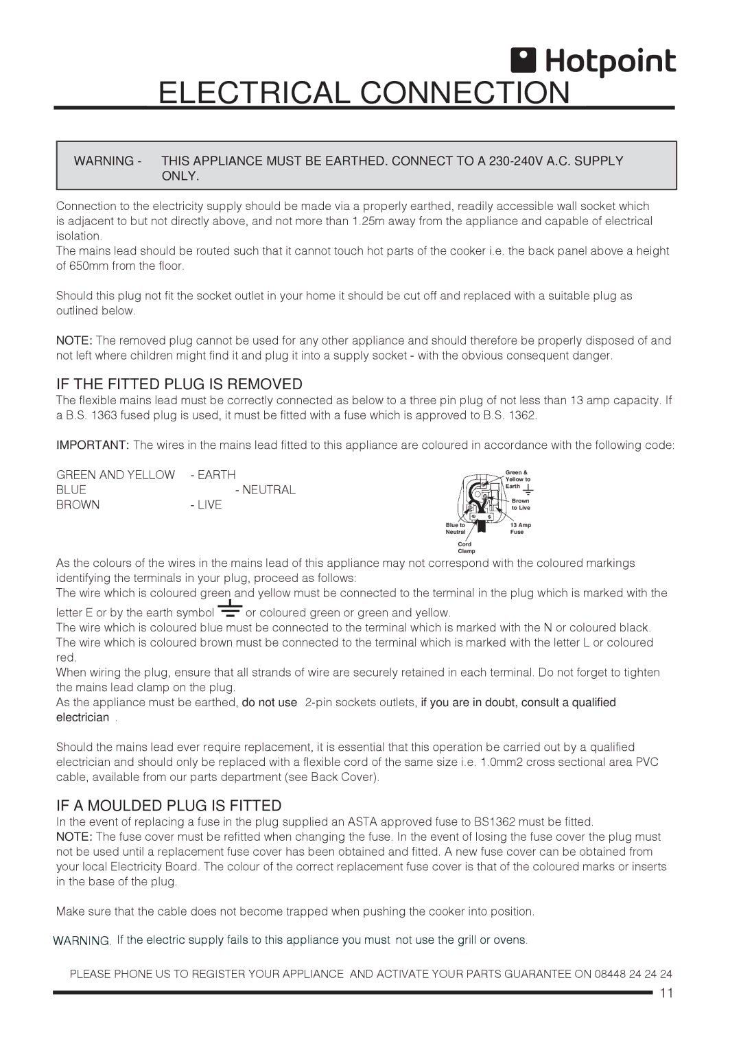 Hotpoint CH60GCIW, CH60GCIS, CH60GCIK Electrical Connection, If the Fitted Plug is Removed, If a Moulded Plug is Fitted 