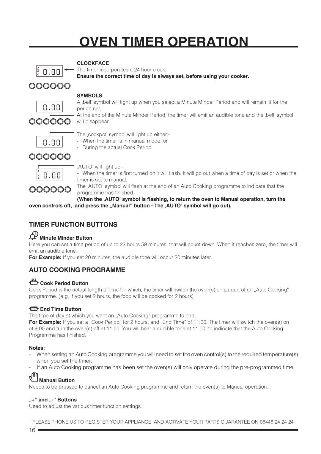 Hotpoint CH60GCIK, CH60GCIS Oven Timer Operation, Timer Function Buttons, Auto Cooking Programme, Clockface, Symbols 