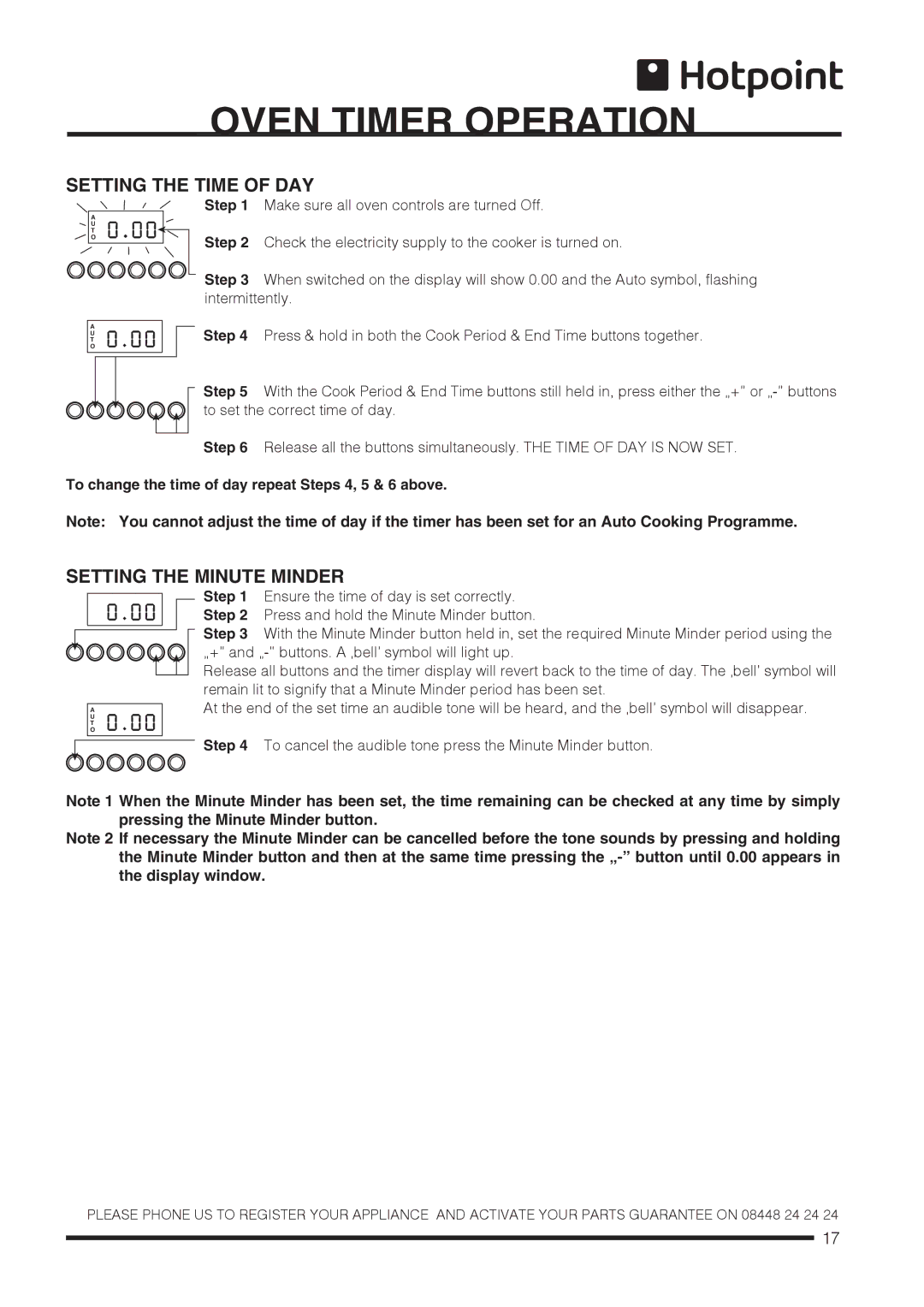 Hotpoint CH60GCIW, CH60GCIS, CH60GCIK installation instructions Setting the Time of DAY, Setting the Minute Minder 