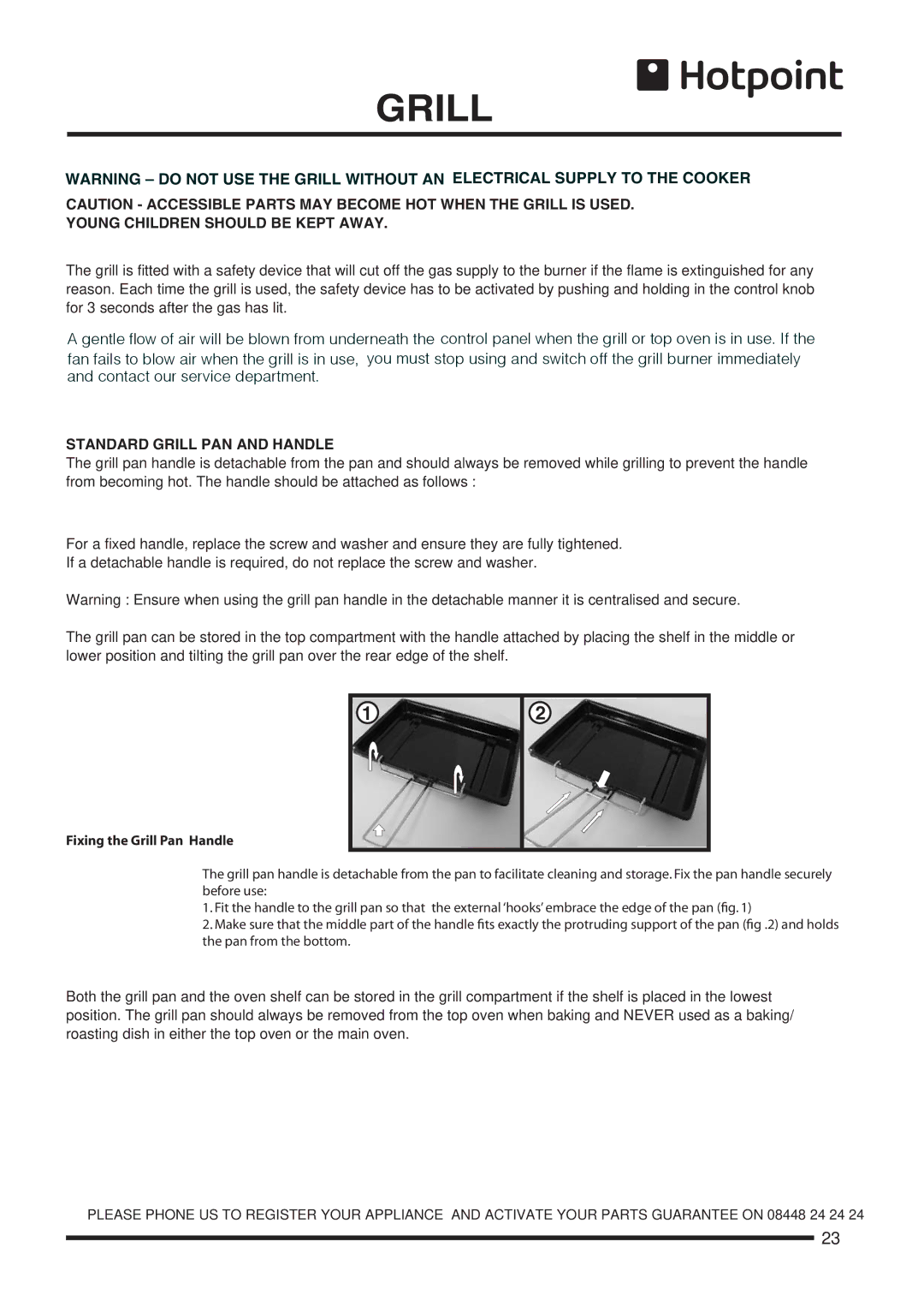 Hotpoint CH60GCIW, CH60GCIS, CH60GCIK Young Children should be Kept Away, Standard Grill PAN and Handle 