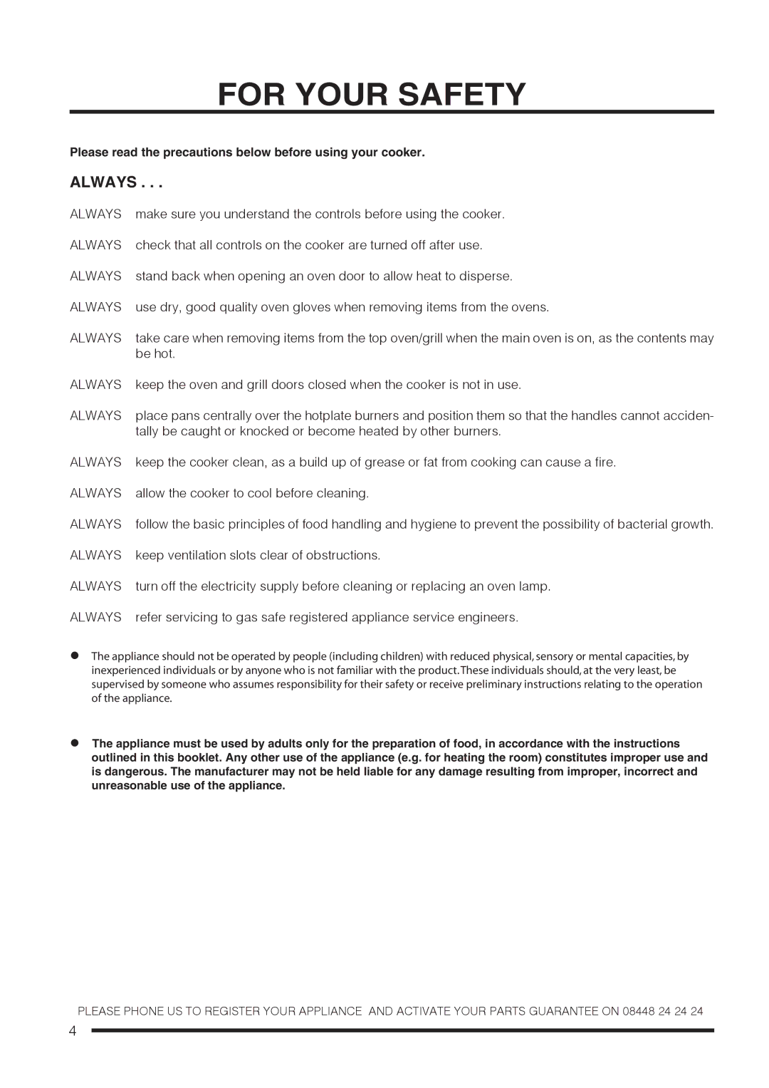 Hotpoint CH60GCIK, CH60GCIS, CH60GCIW installation instructions For Your Safety, Always 