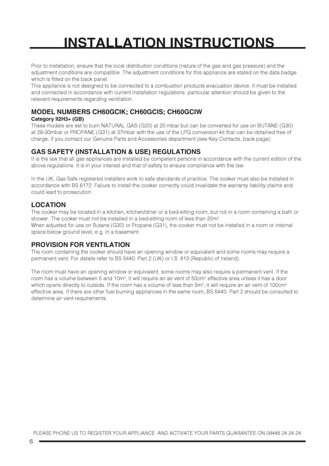 Hotpoint Installation Instructions, Model Numbers CH60GCIK CH60GCIS CH60GCIW, GAS Safety Installation & USE Regulations 