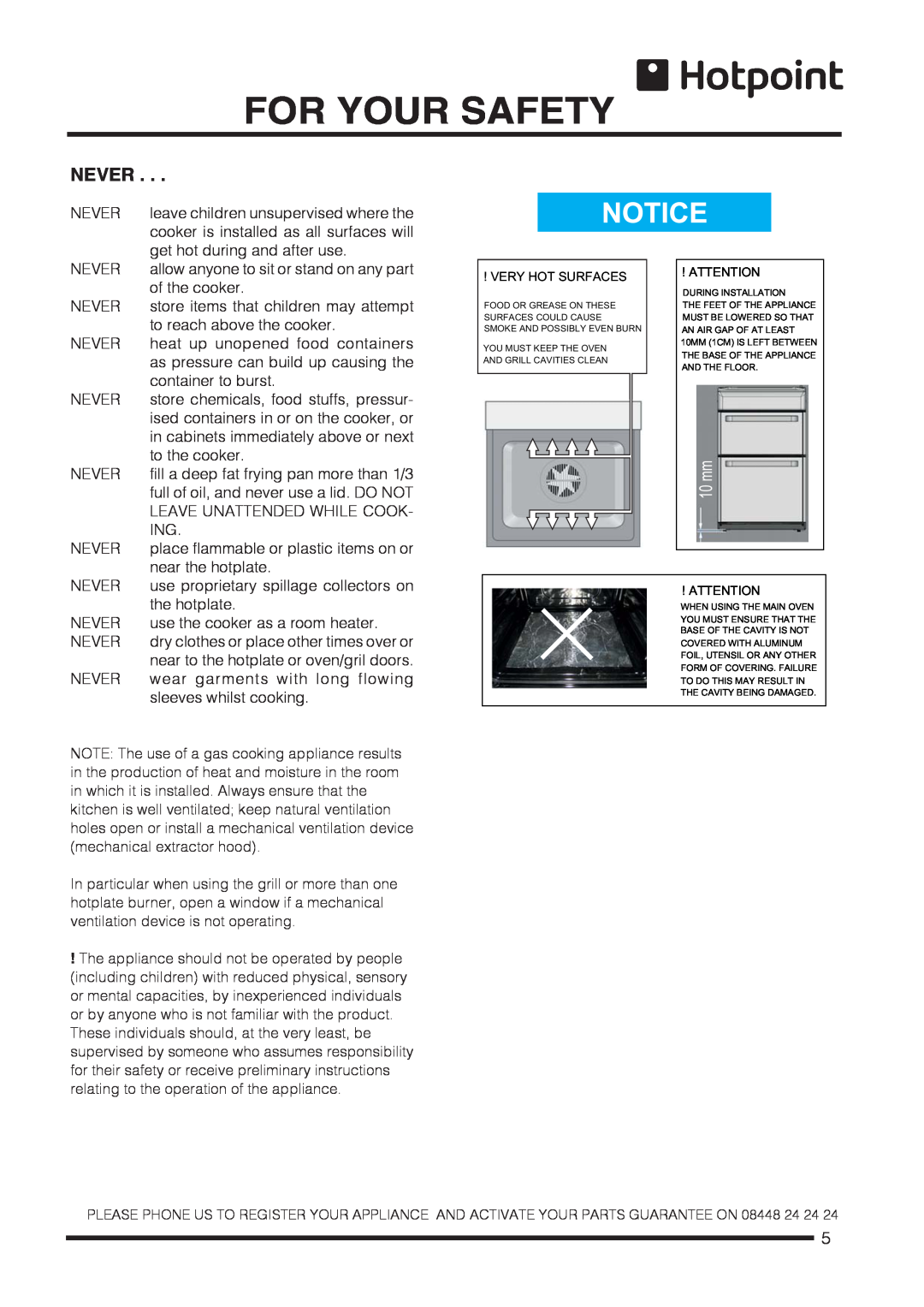 Hotpoint CH60GCIW, CH60GCIS, CH60GCIK installation instructions Never, For Your Safety, Very Hot Surfaces 