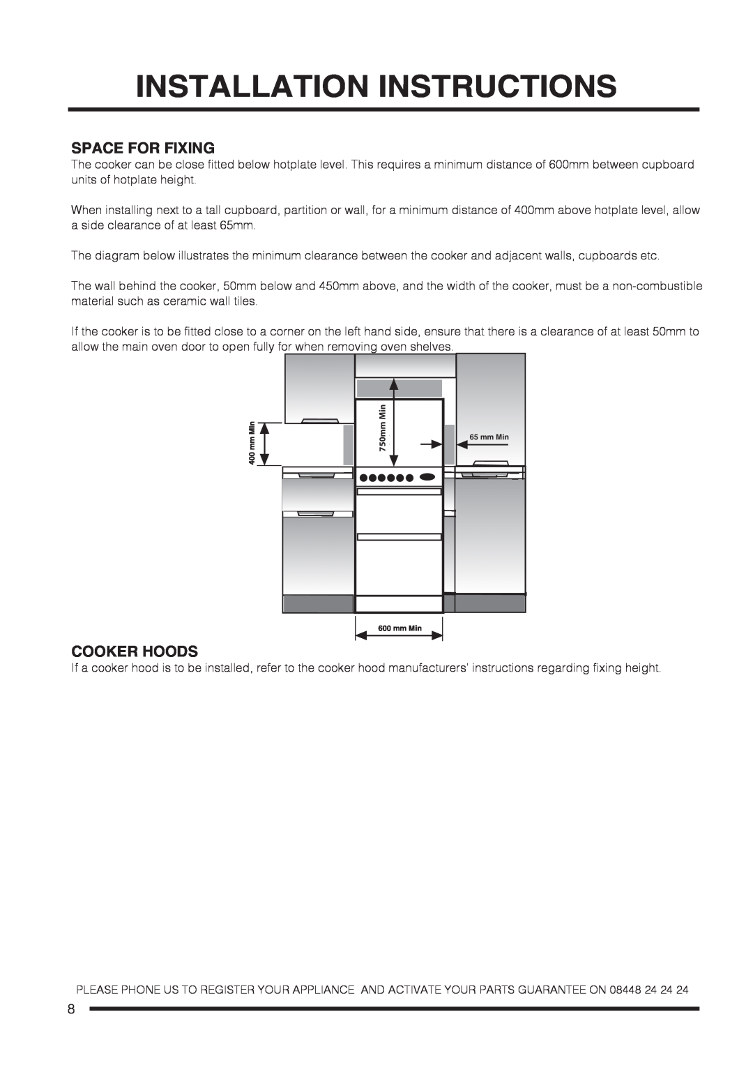 Hotpoint CH60GCIW, CH60GCIS, CH60GCIK Space For Fixing, Cooker Hoods, Installation Instructions, 750mm 