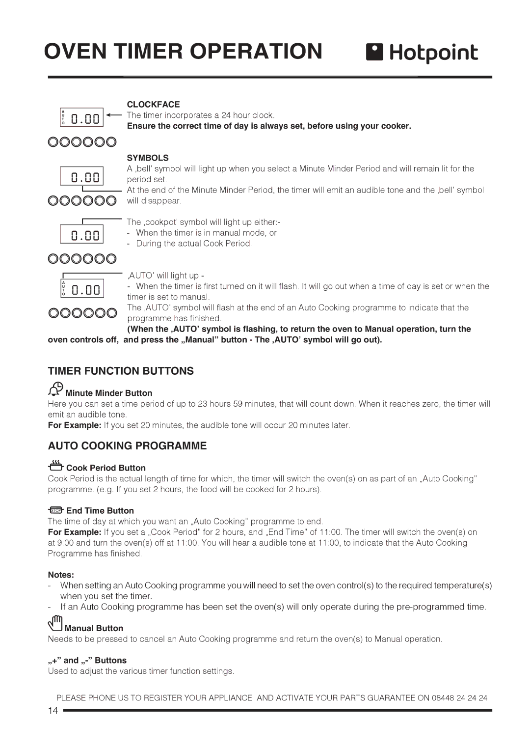 Hotpoint ch60gpcf, ch60gpxf installation instructions Timer Function Buttons, Auto Cooking Programme, Clockface, Symbols 