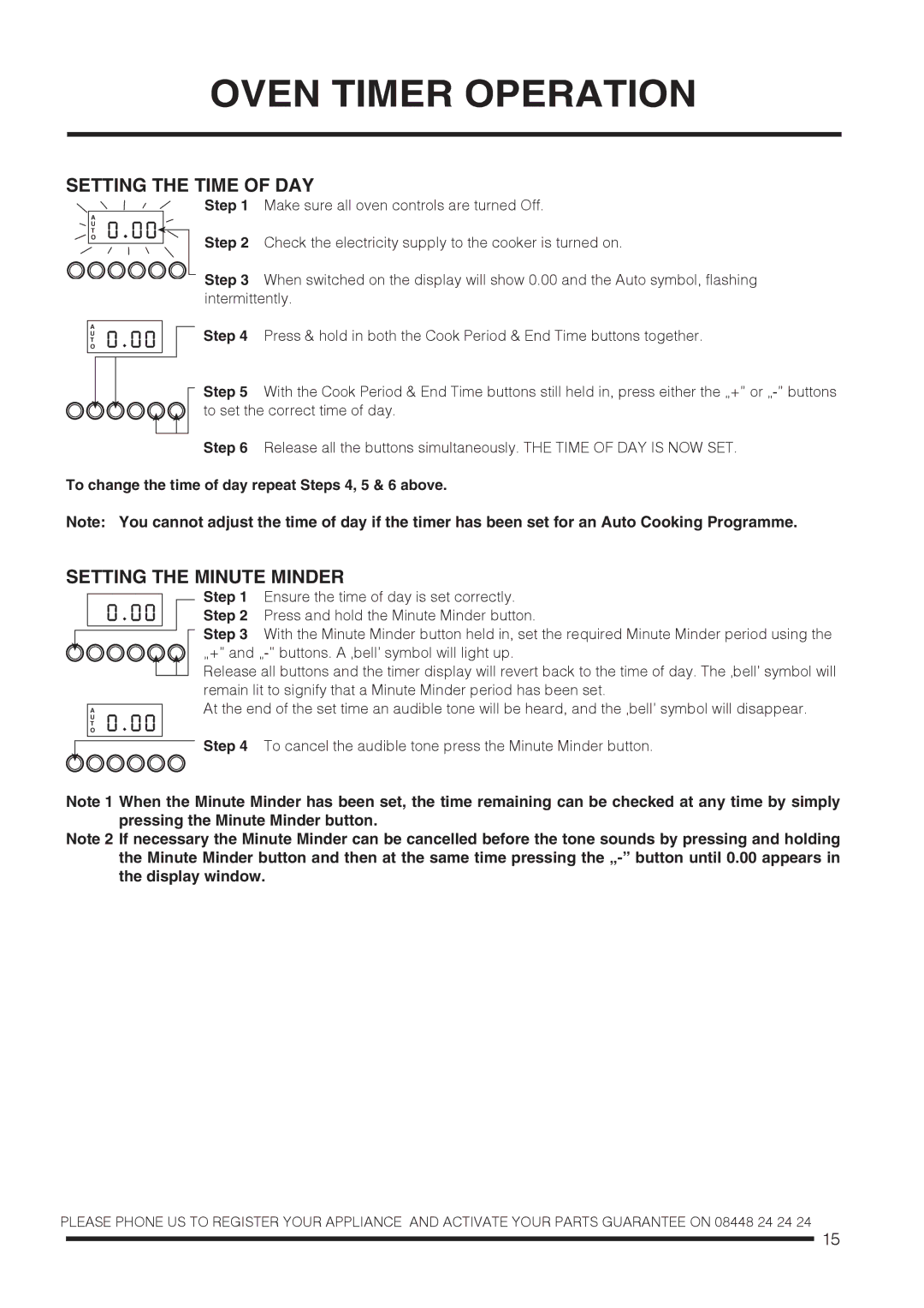 Hotpoint ch60gpxf, ch60gpcf installation instructions Setting the Time of DAY, Setting the Minute Minder 