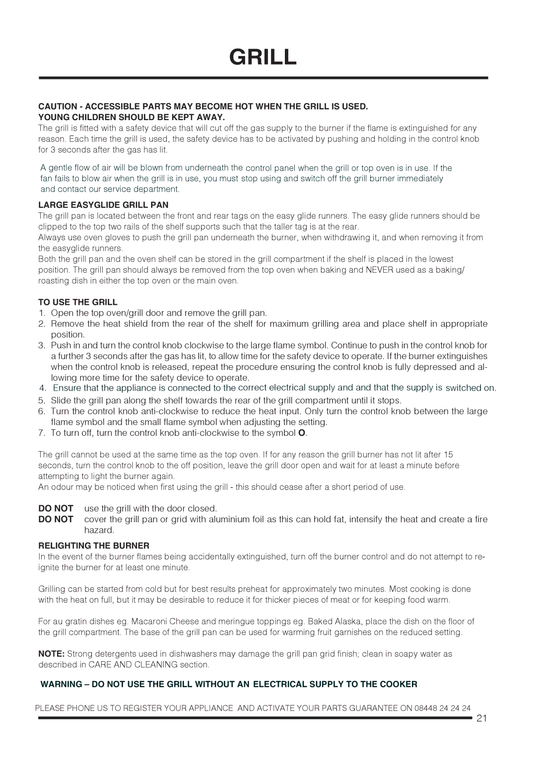 Hotpoint ch60gpxf, ch60gpcf Young Children should be Kept Away, Large Easyglide Grill PAN, To USE the Grill 