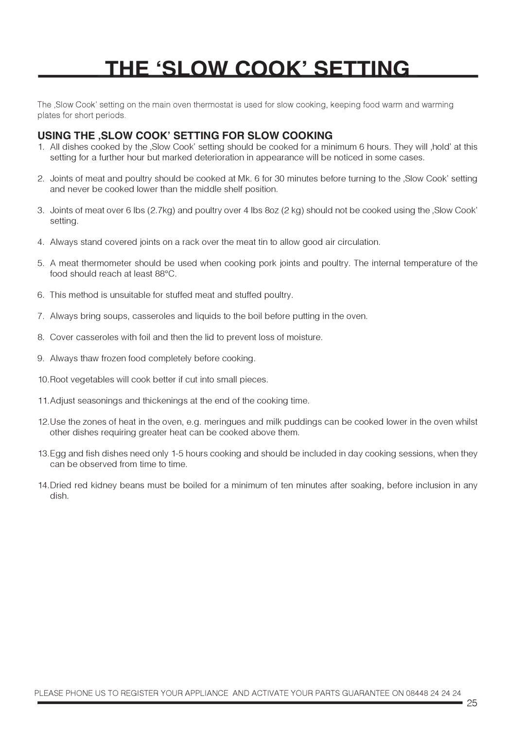 Hotpoint ch60gpxf, ch60gpcf installation instructions ‘SLOW COOK’ Setting, Using the ‚SLOW COOK’ Setting for Slow Cooking 