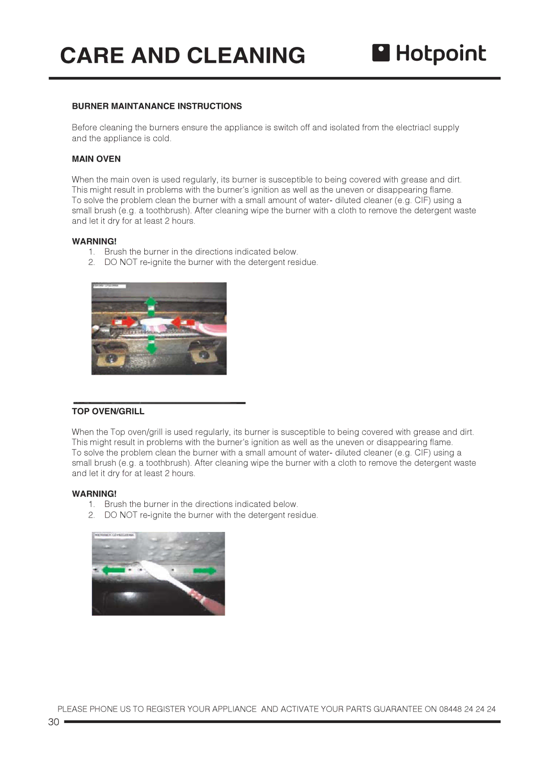 Hotpoint ch60gpcf, ch60gpxf installation instructions Burner Maintanance Instructions, Main Oven, Top Oven/Grill 