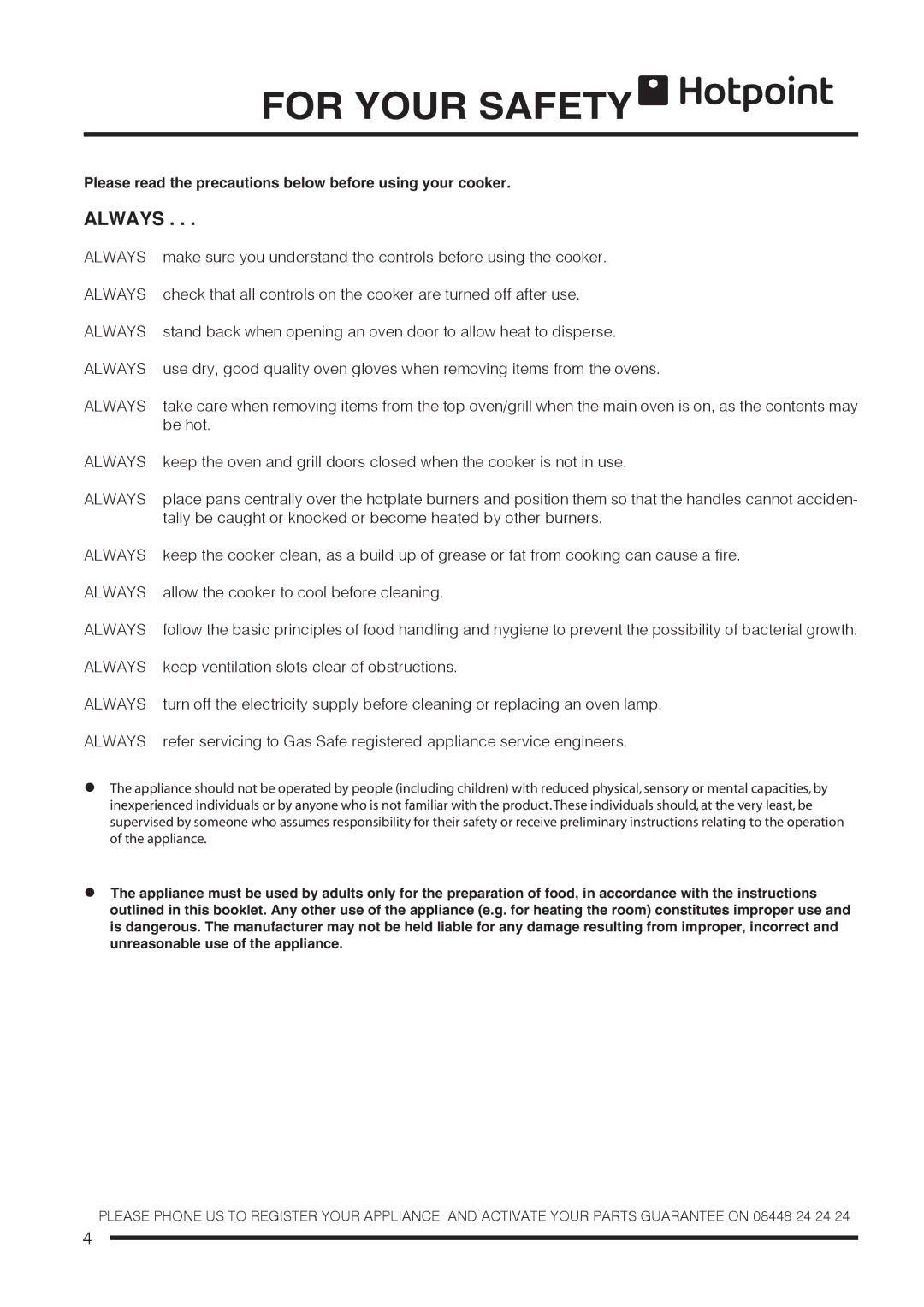 Hotpoint ch60gpcf, ch60gpxf installation instructions For Your Safety, Always 