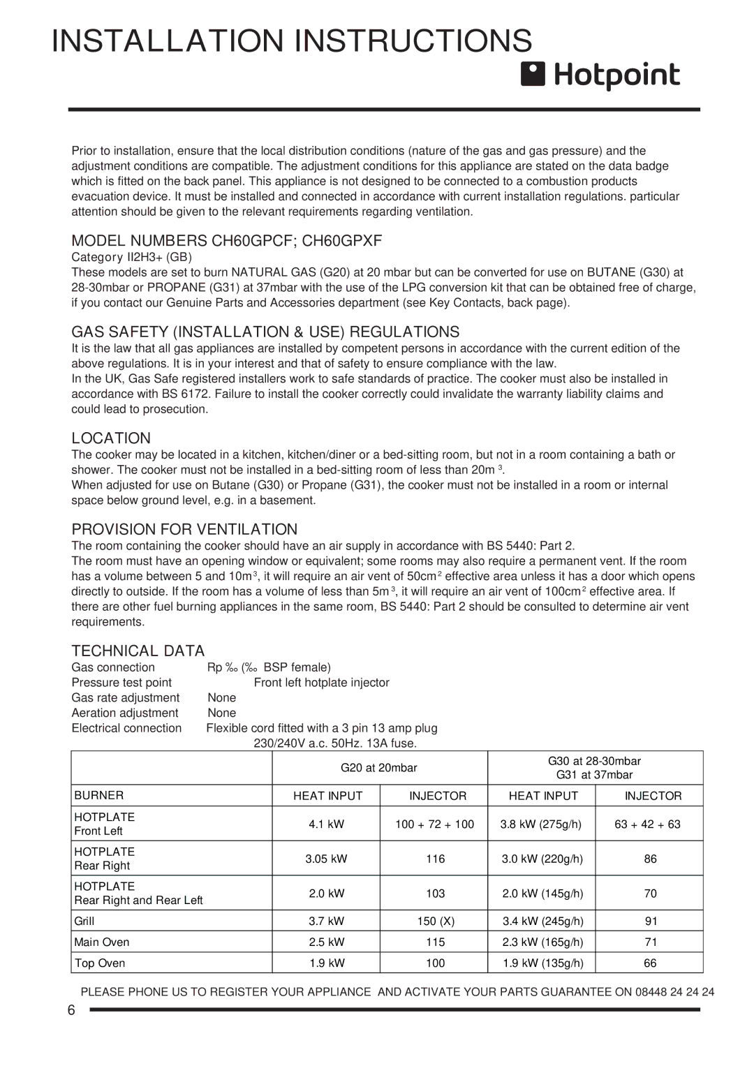 Hotpoint ch60gpcf, ch60gpxf installation instructions Installation Instructions 