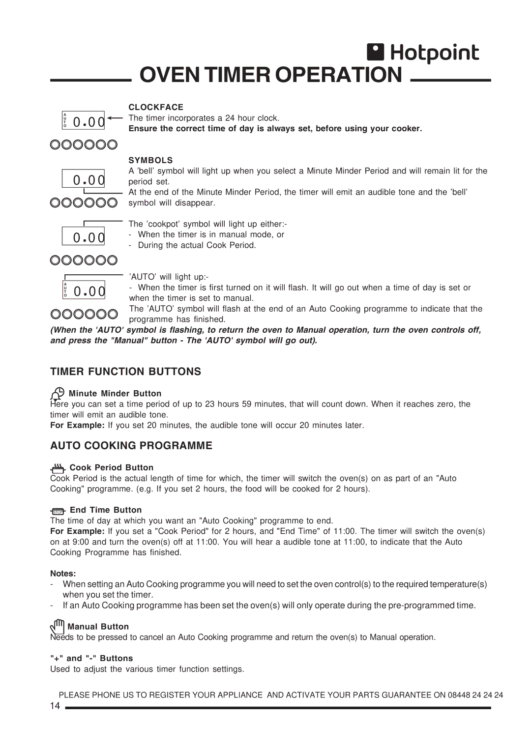 Hotpoint ch60gpcf, ch60gpxf installation instructions Timer Function Buttons, Auto Cooking Programme 