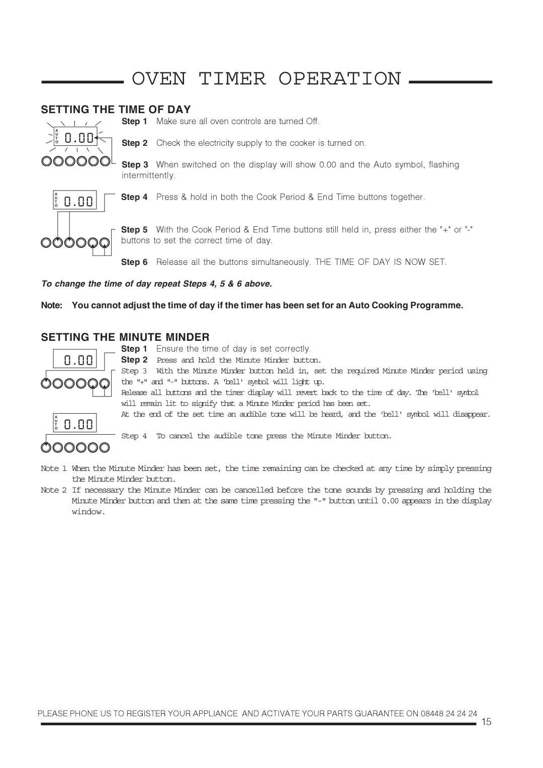 Hotpoint ch60gpxf, ch60gpcf installation instructions Setting the Time of DAY, Setting the Minute Minder 