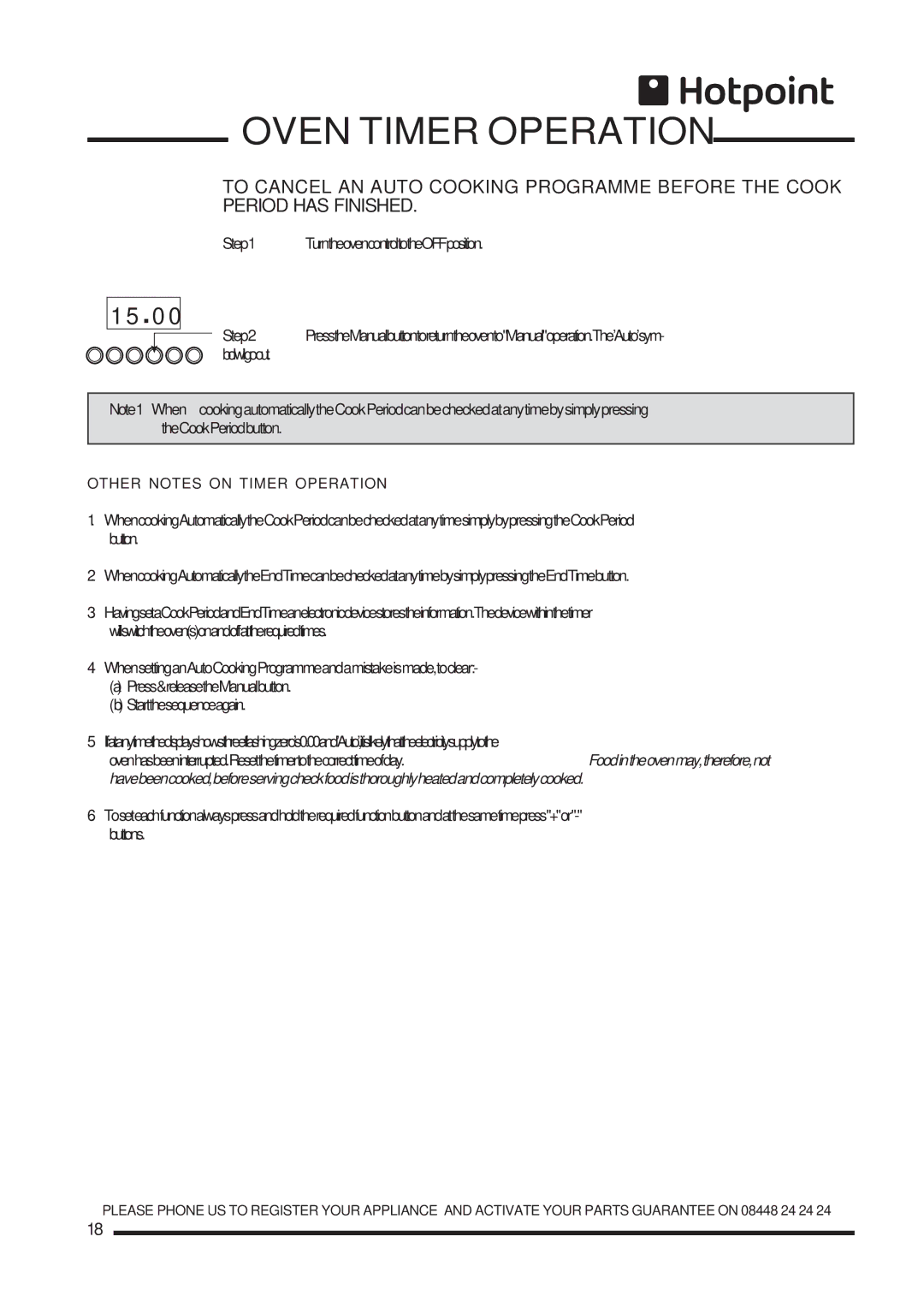 Hotpoint ch60gpcf, ch60gpxf installation instructions Other Notes on Timer Operation 