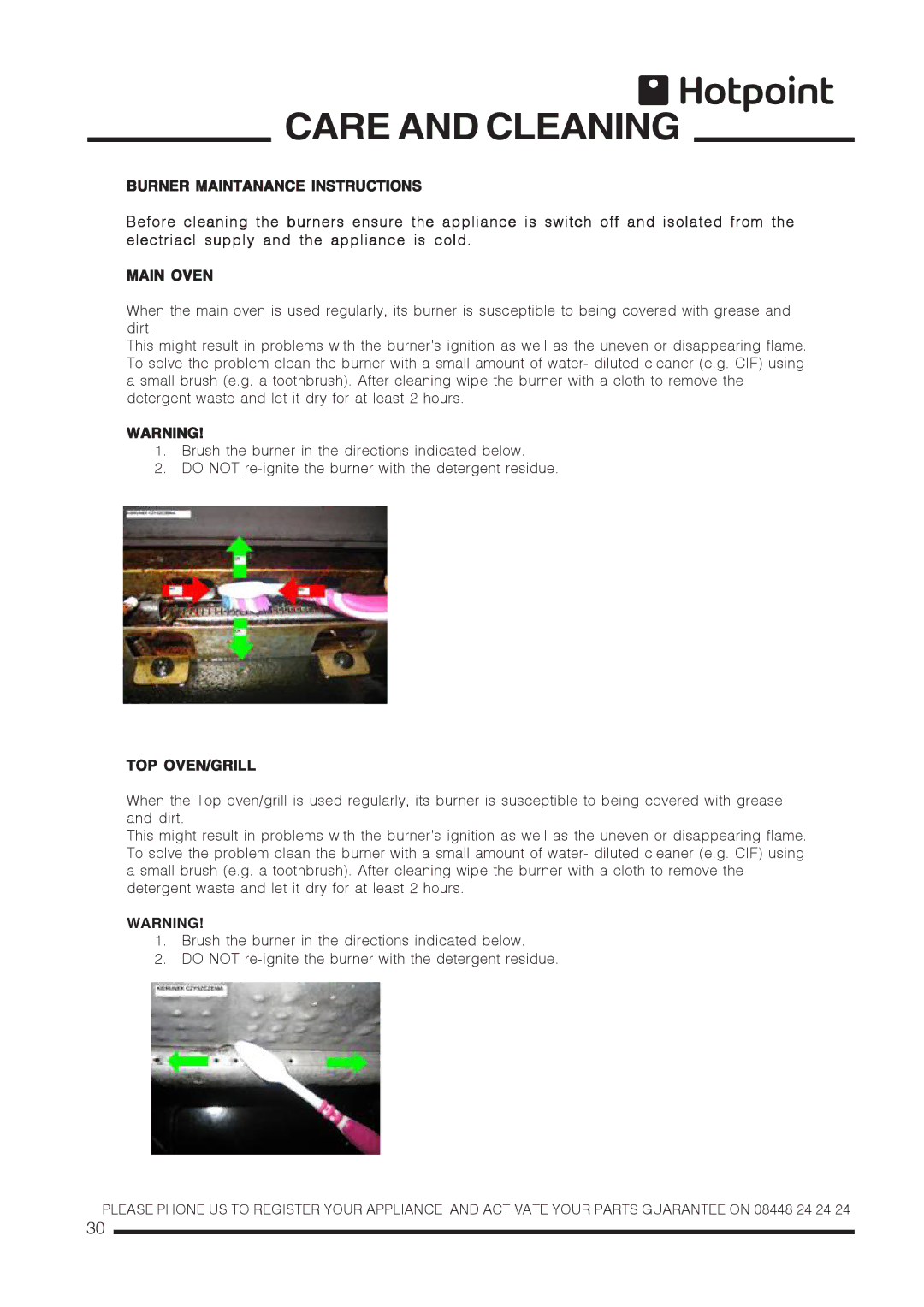 Hotpoint ch60gpcf, ch60gpxf installation instructions Burner Maintanance Instructions 