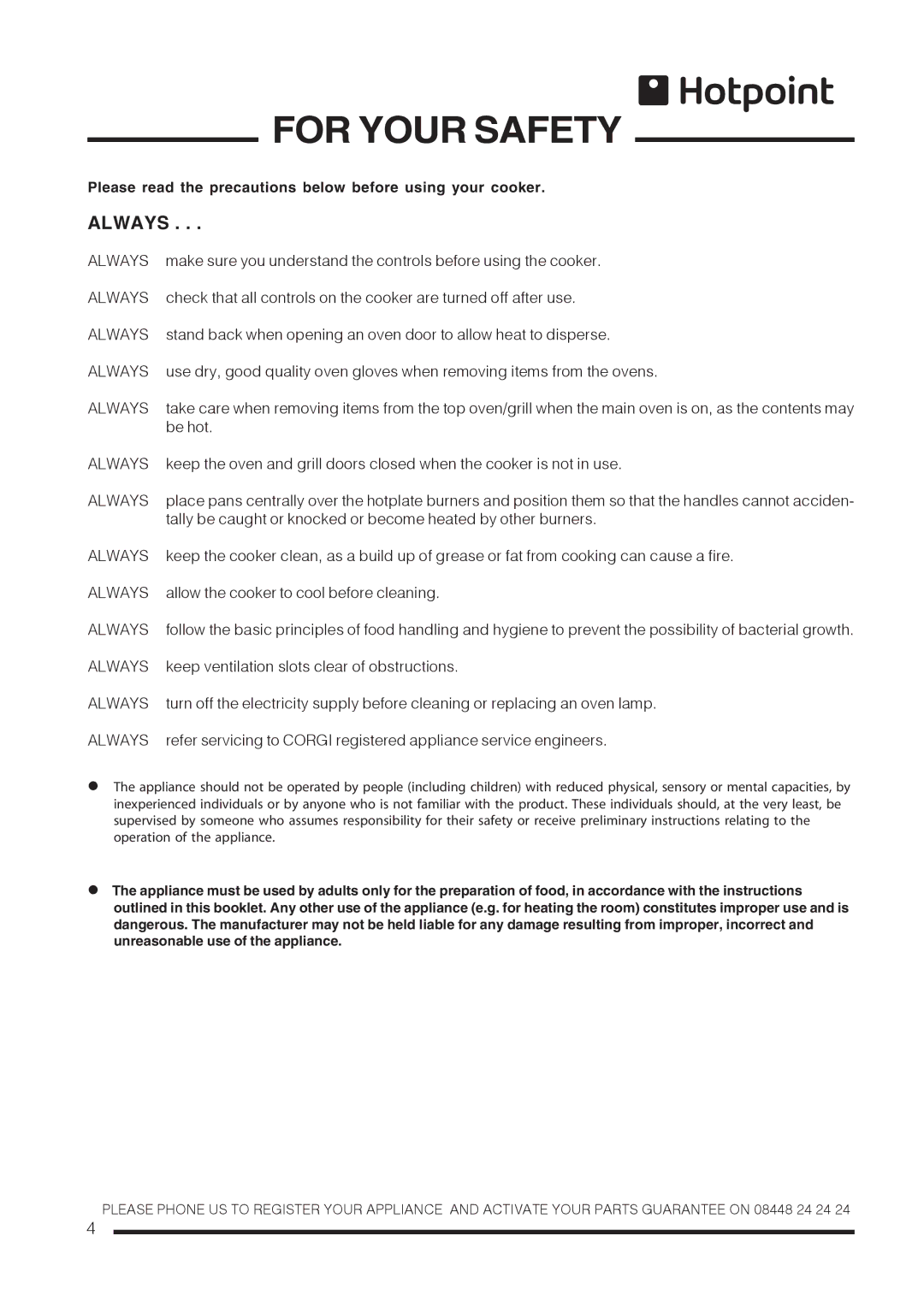 Hotpoint ch60gpcf, ch60gpxf installation instructions For Your Safety, Always 