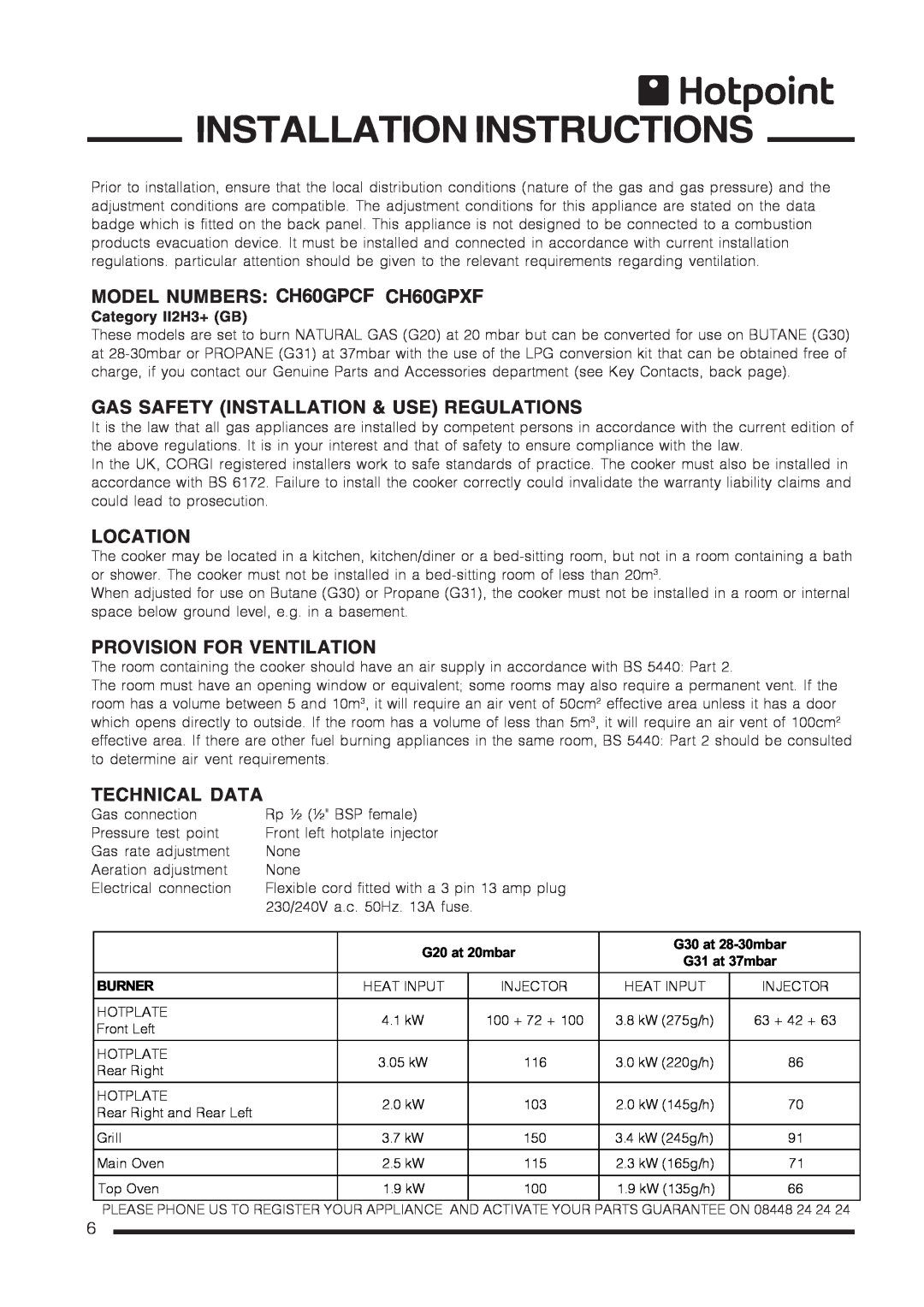 Hotpoint ch60gpcf Installation Instructions, MODEL NUMBERS CH60GPCF CH60GPXF, Gas Safety Installation & Use Regulations 