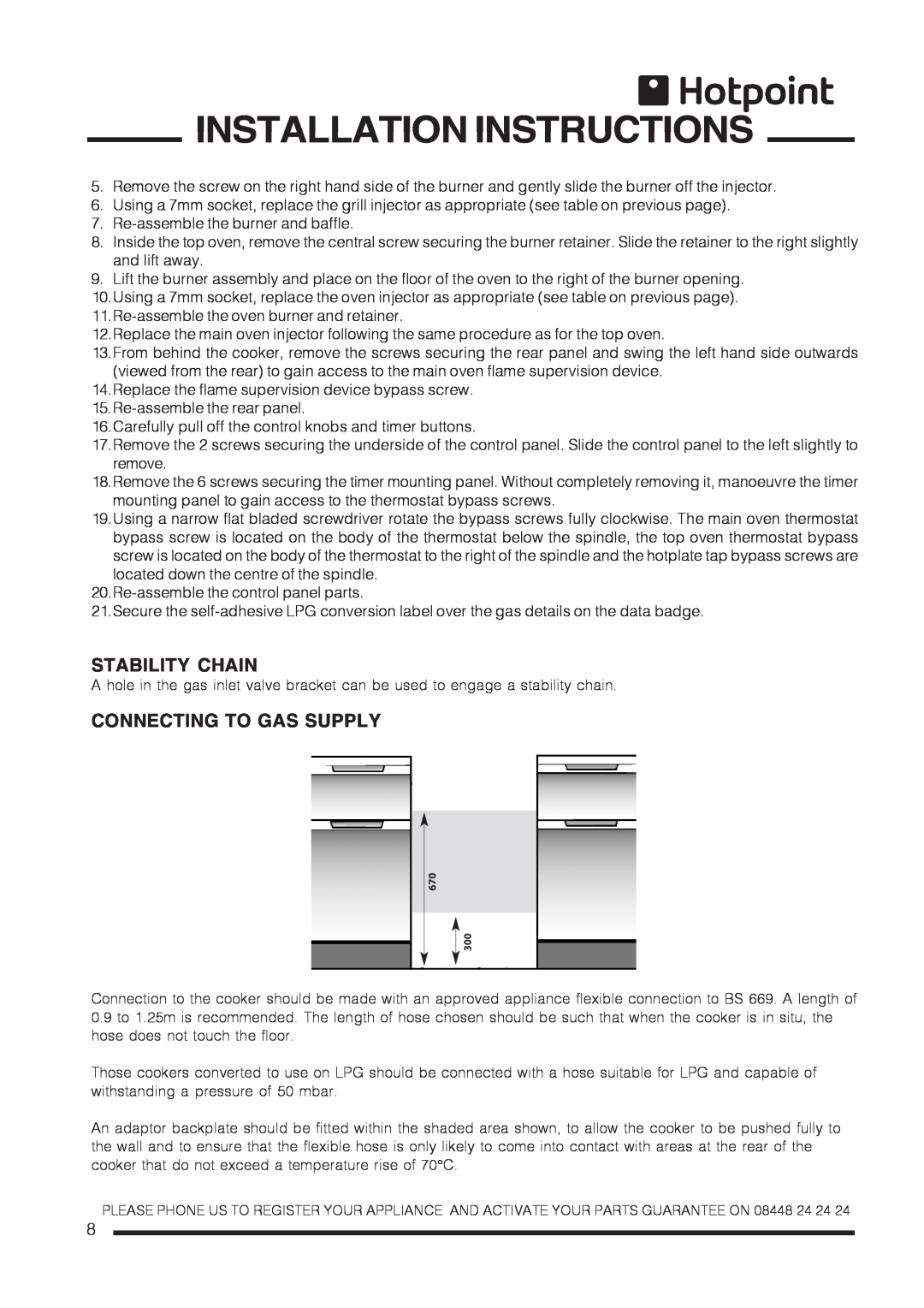 Hotpoint ch60gpcf, ch60gpxf installation instructions Stability Chain, Connecting To Gas Supply, Installation Instructions 