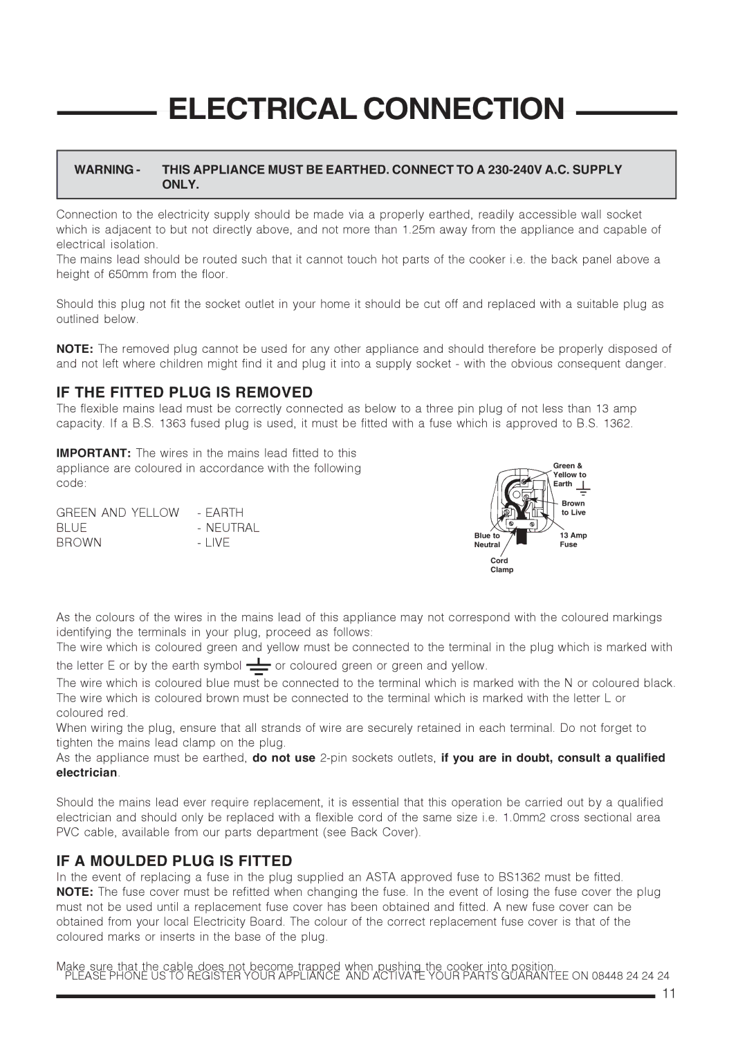 Hotpoint CH60GTXF, CH60GTCF Electrical Connection, If the Fitted Plug is Removed, If a Moulded Plug is Fitted 