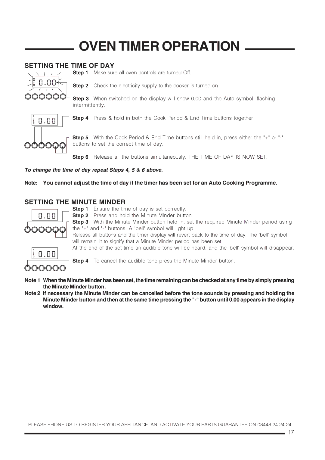 Hotpoint CH60GTXF, CH60GTCF installation instructions Setting the Time of DAY, Setting the Minute Minder 