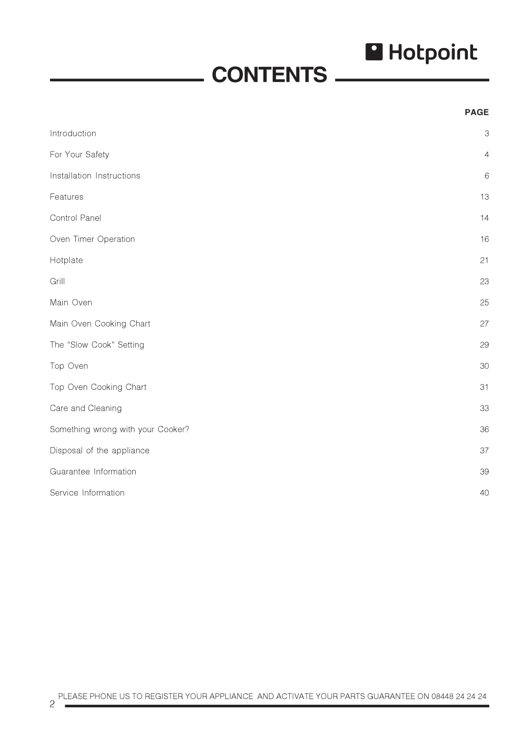 Hotpoint CH60GTCF, CH60GTXF installation instructions Contents 