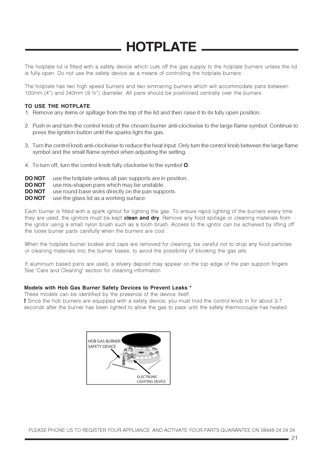 Hotpoint CH60GTXF, CH60GTCF installation instructions To USE the Hotplate 